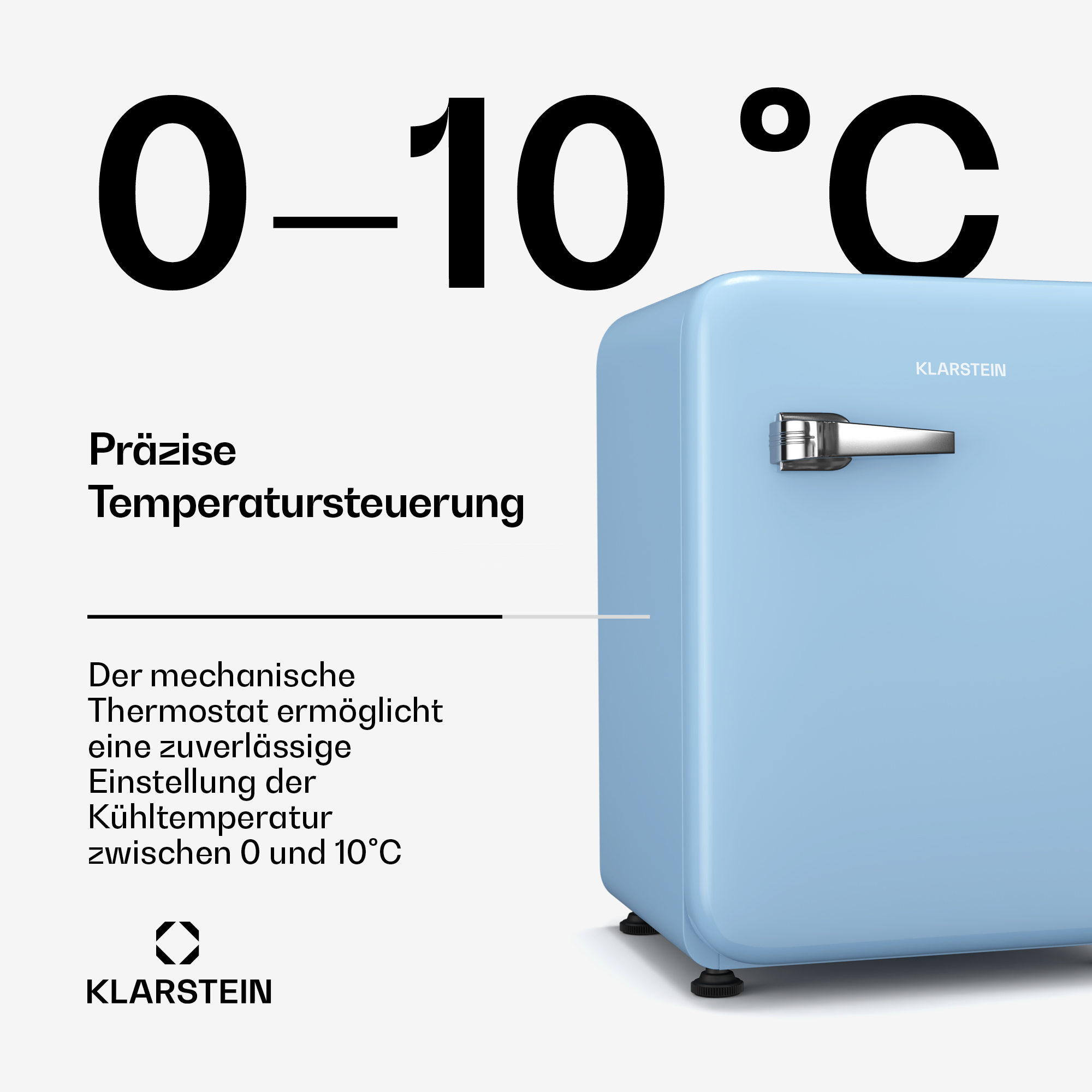 Mini frigo retrò azzurro, testo nero che indica il controllo della temperatura 0-10°C, maniglia argentata, piedini neri.
