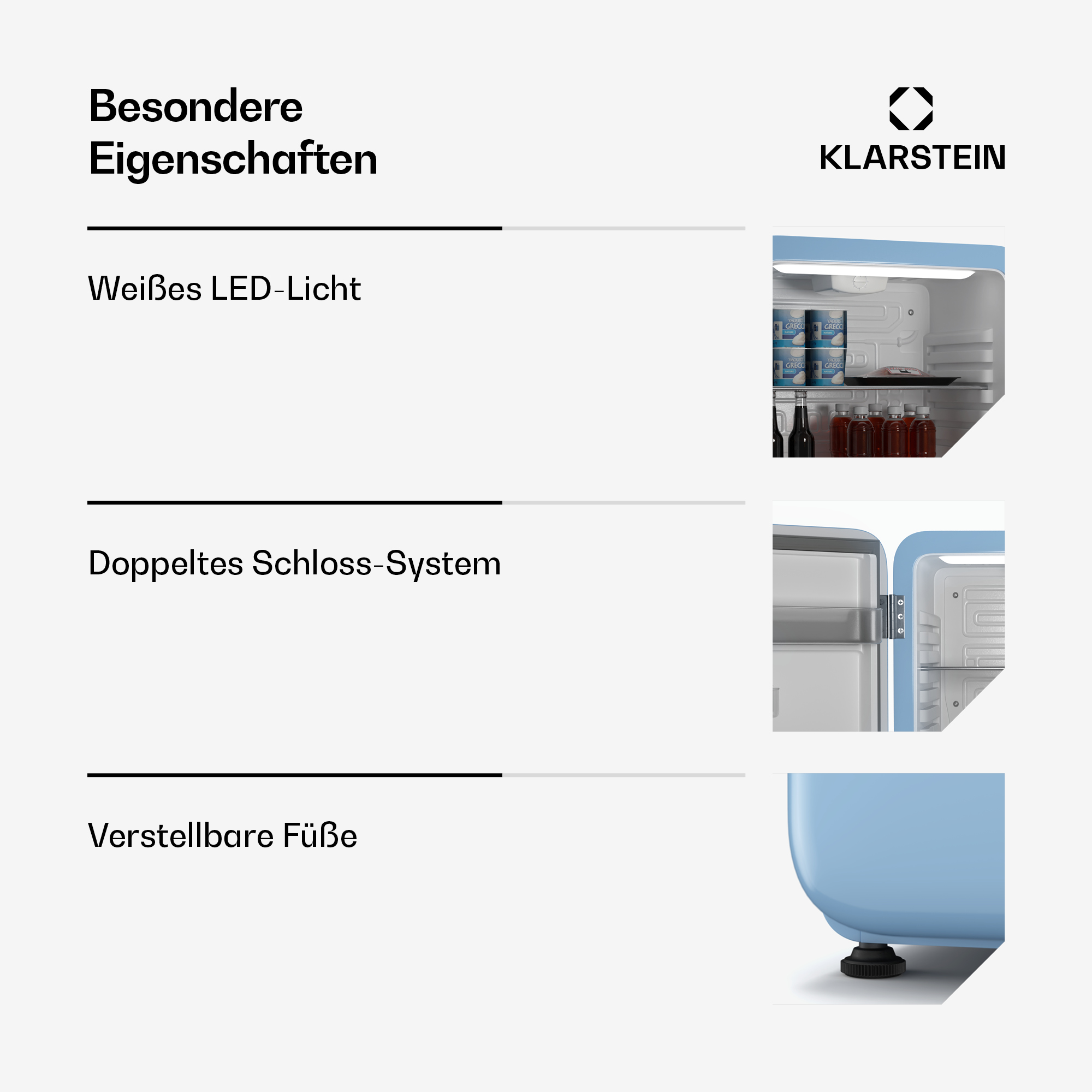 Mini frigo blu con caratteristiche visualizzate. Luce LED bianca, sistema a doppia chiusura, piedini regolabili.