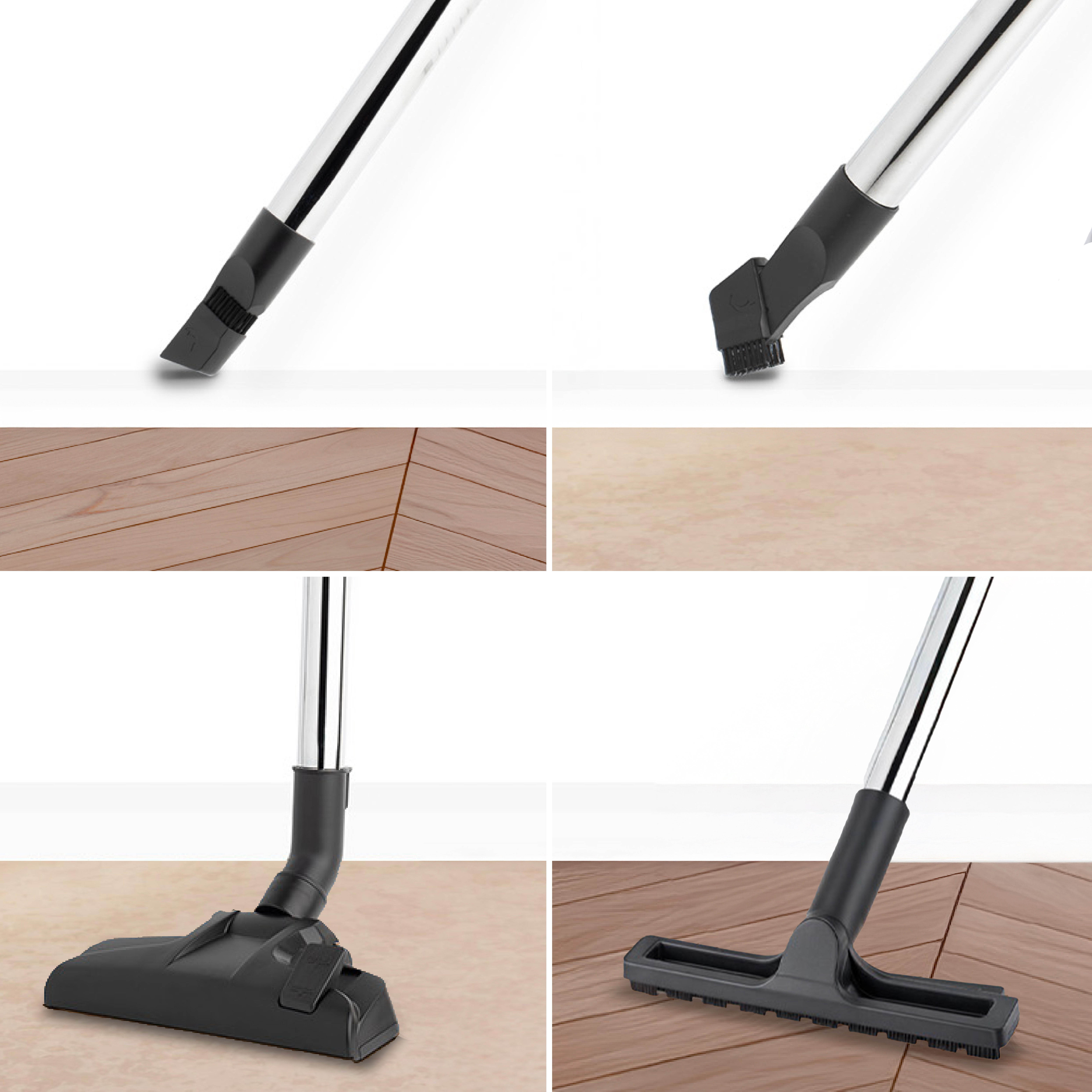 Viste ravvicinate di accessori per aspirapolvere, che mostrano varie testine e spazzole.