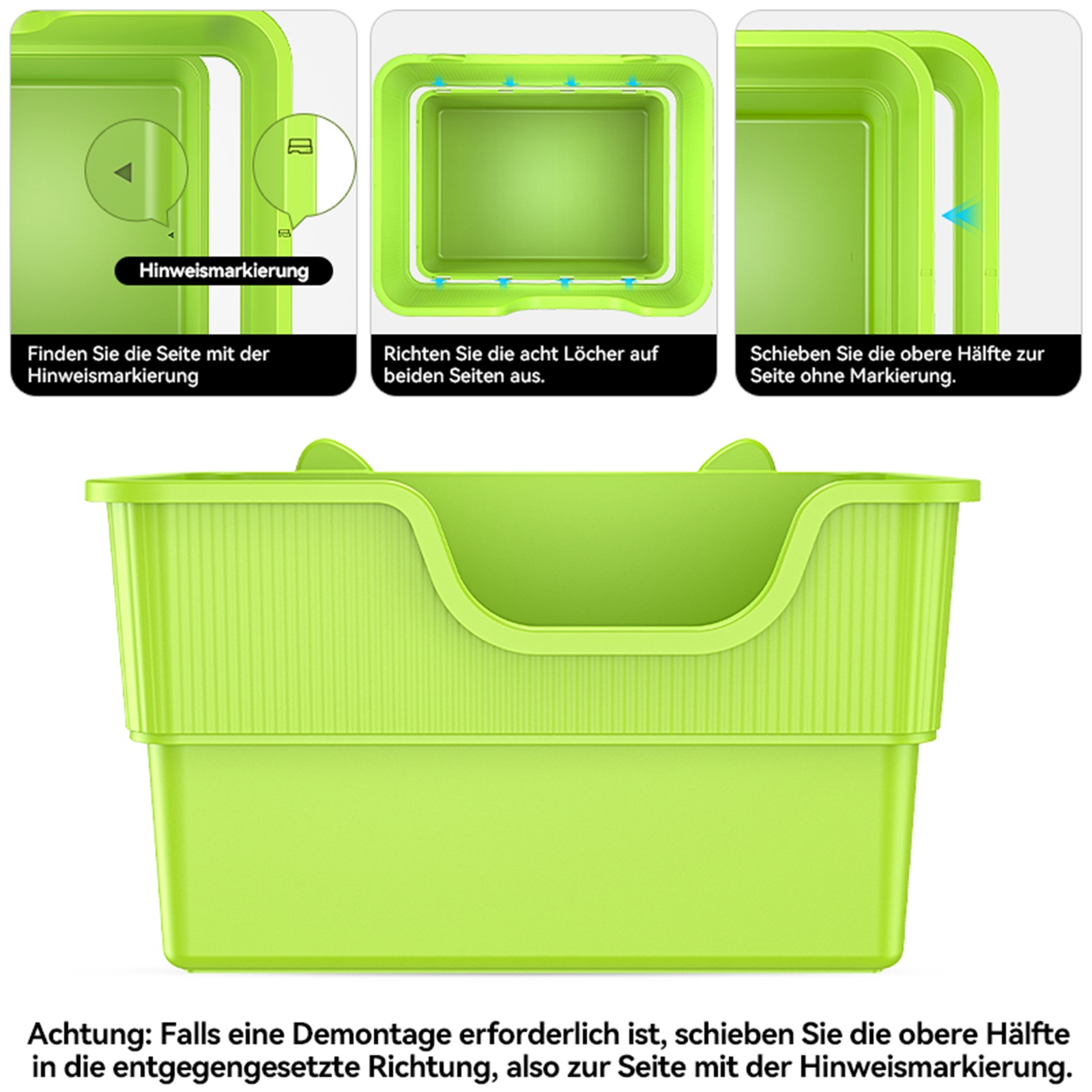 Eine hellgrüne Katzenstreu-Box mit Anweisungen zur Montage und Verwendung.