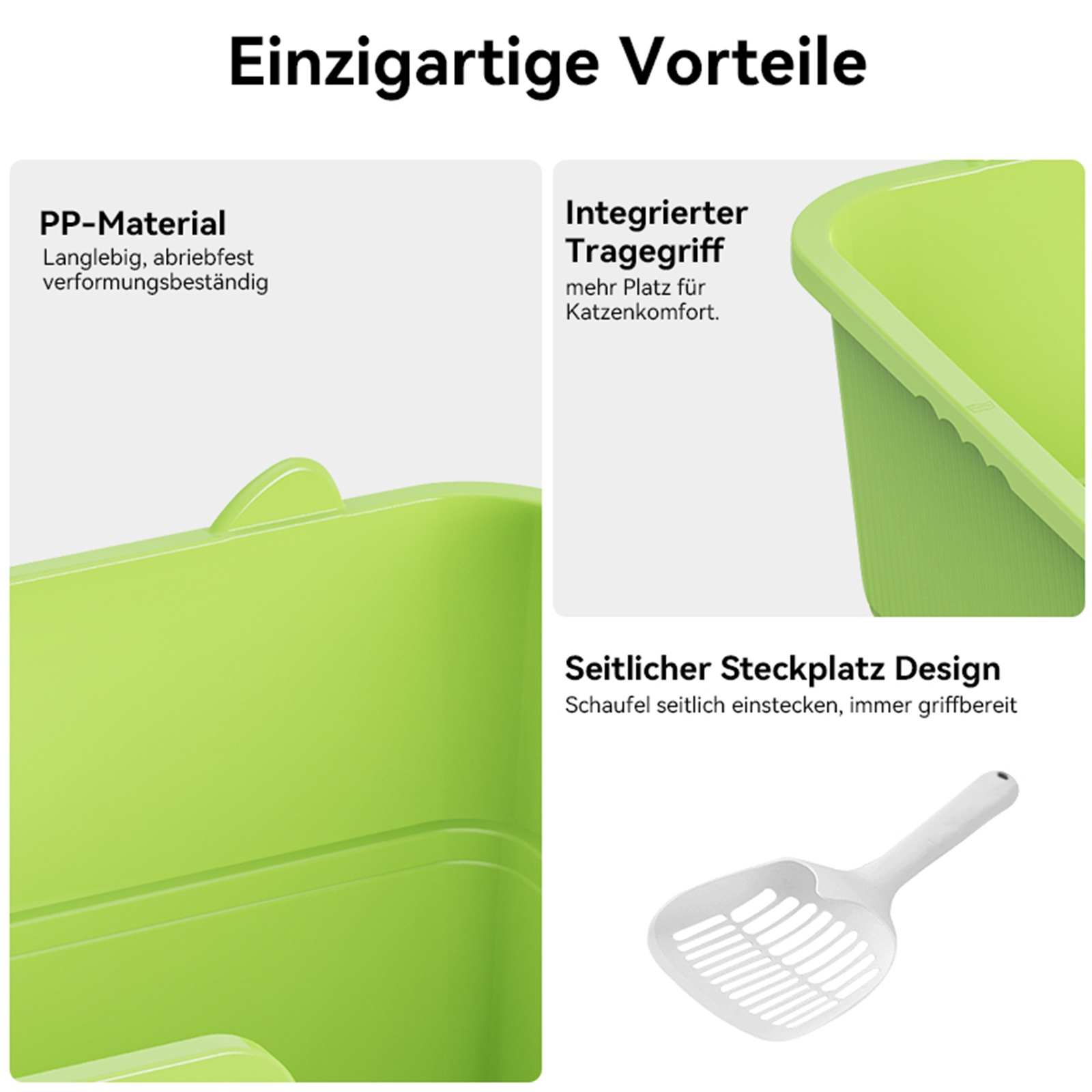 Nahaufnahme von grünen Katzentoiletten-Teilen, die Merkmale und eine Schaufel hervorheben. Der Hintergrund ist weiß.