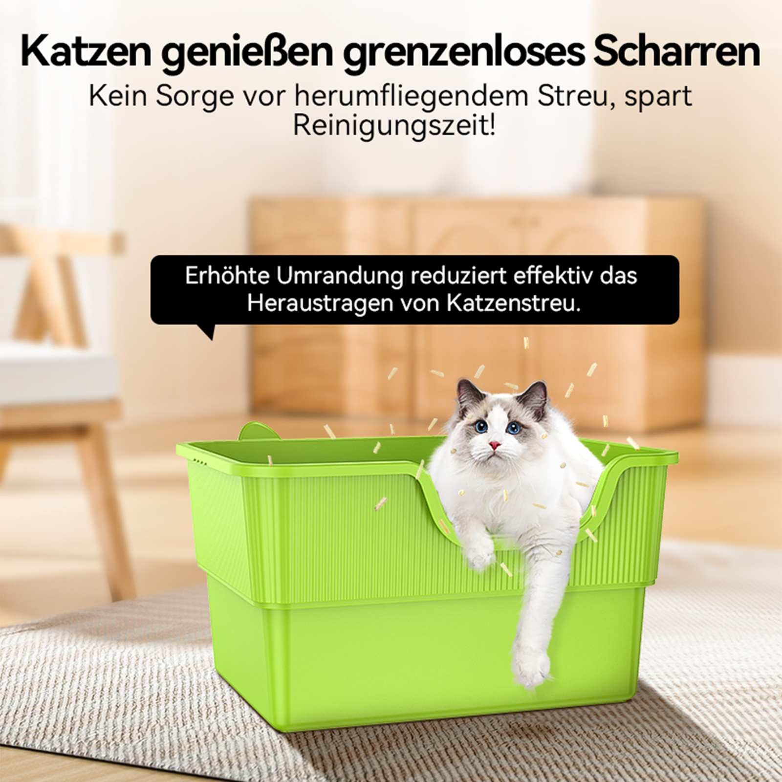 Eine Katze in einer grünen Katzentoilette. Text besagt, dass es Streu reduziert und der Rand hoch ist.