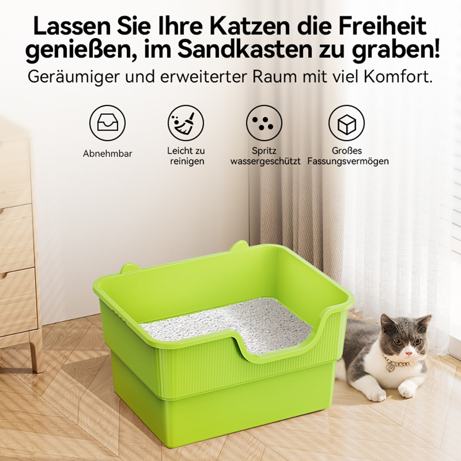 Grüne Katzentoilette mit Katze im Vordergrund, Text im Hintergrund.