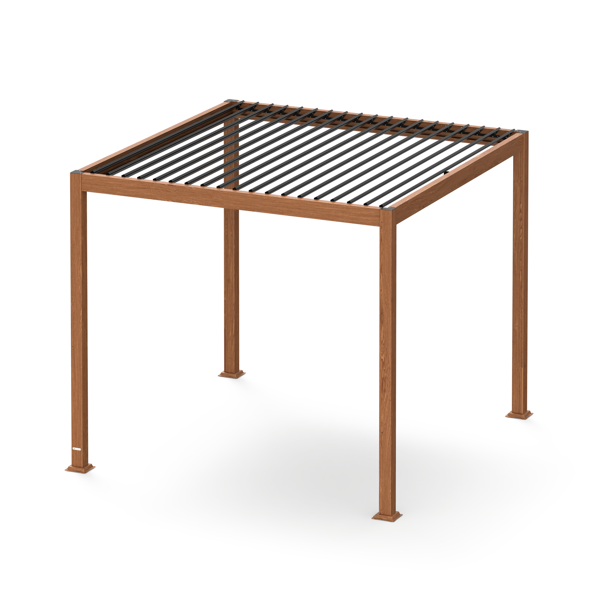 Braune Holzpergola mit schwarzen Lamellen oben, weißer Hintergrund. Vier Beine stützen das quadratische Dach.