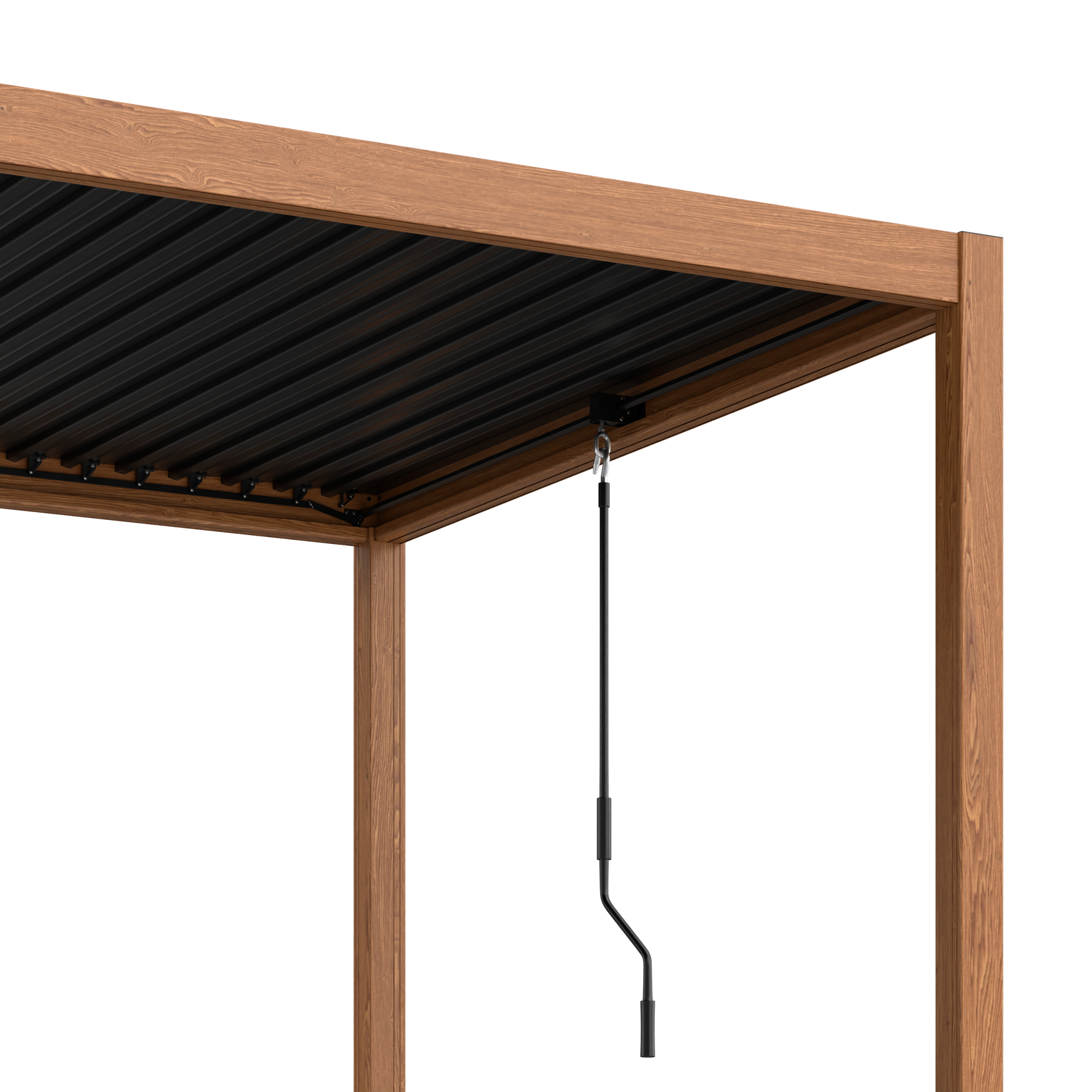 Pergola mit Holzrahmen, schwarzem Lamellendach. Eine Kurbel zum Einstellen des Daches hängt herunter.