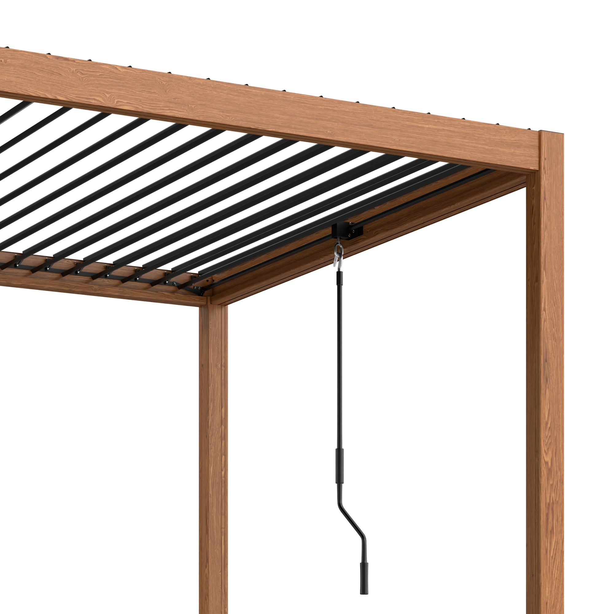 Eine Holzpergola mit schwarzen Lamellen. Eine Handkurbel hängt an der Pergola.