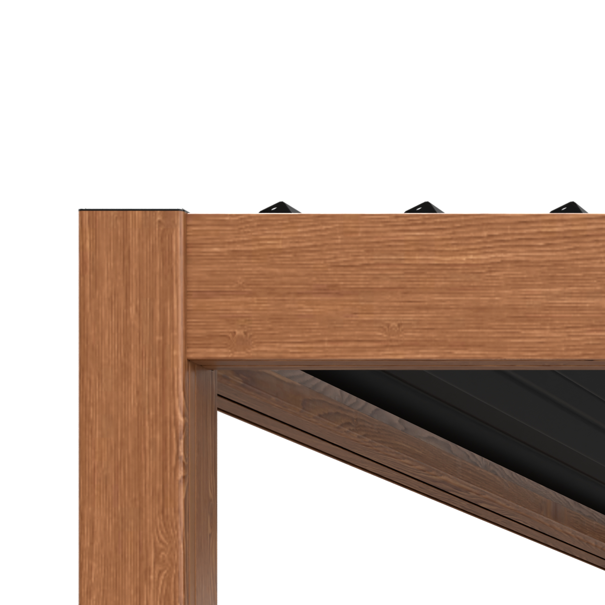 Holzstruktur mit Eckansicht, zeigt Holzmaserung und schwarzes Material darunter.