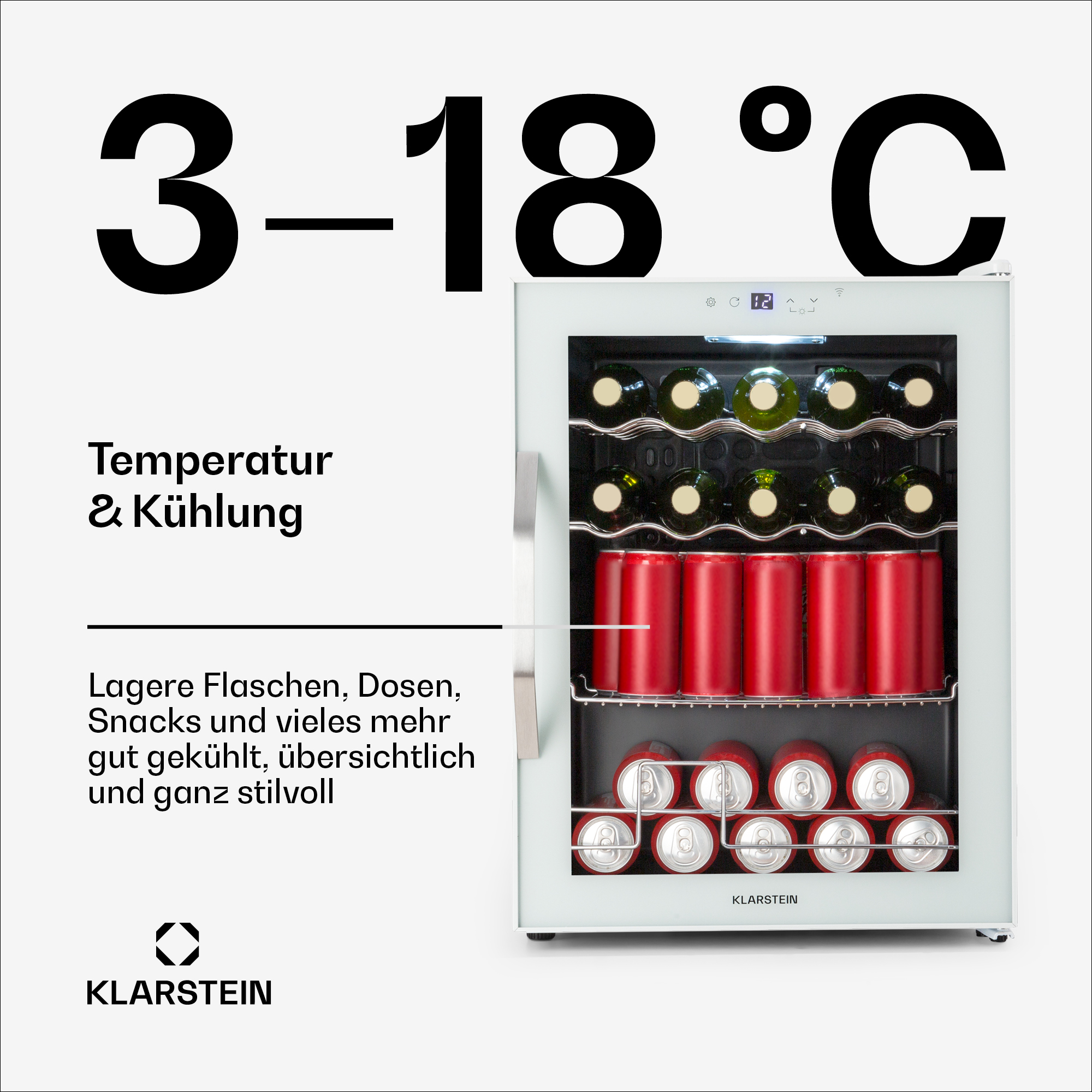 Una cantinetta con bottiglie di vino e lattine all'interno, con testo che indica l'intervallo di temperatura.