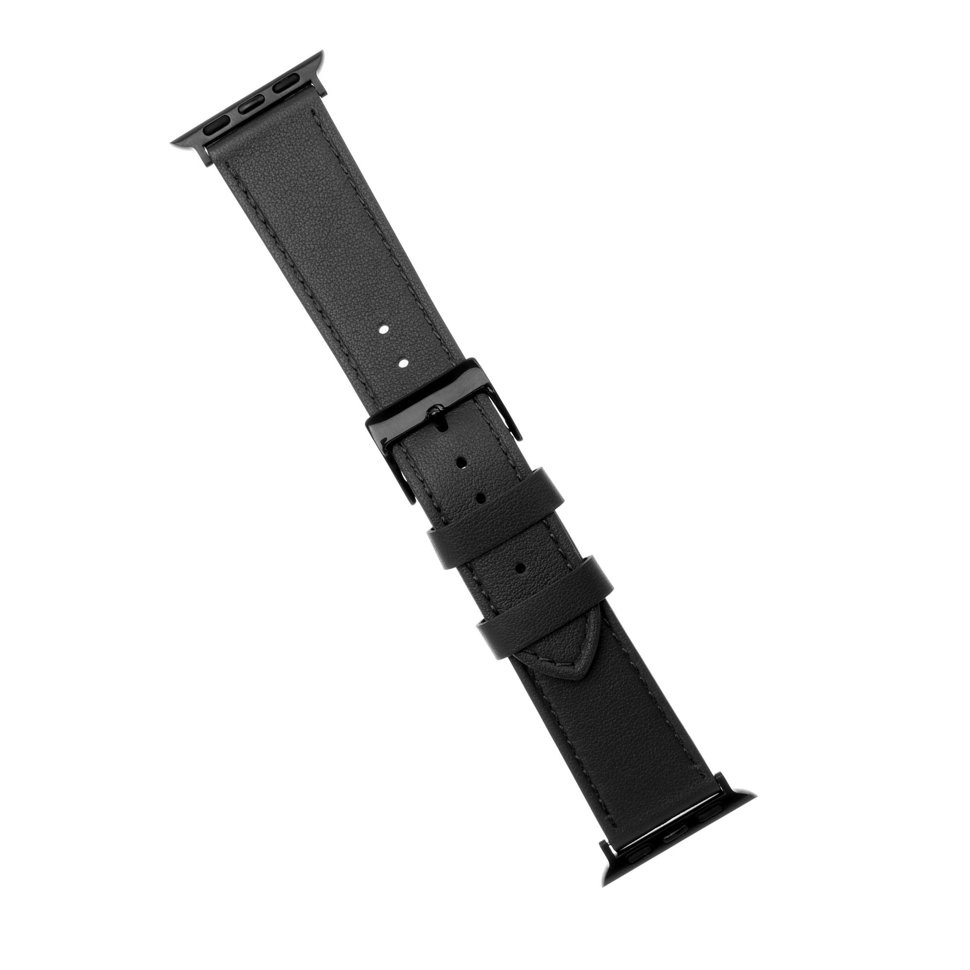 Ein schwarzes Leder-Uhrenarmband mit schwarzer Schnalle. Das Armband ist auf weißem Hintergrund.
