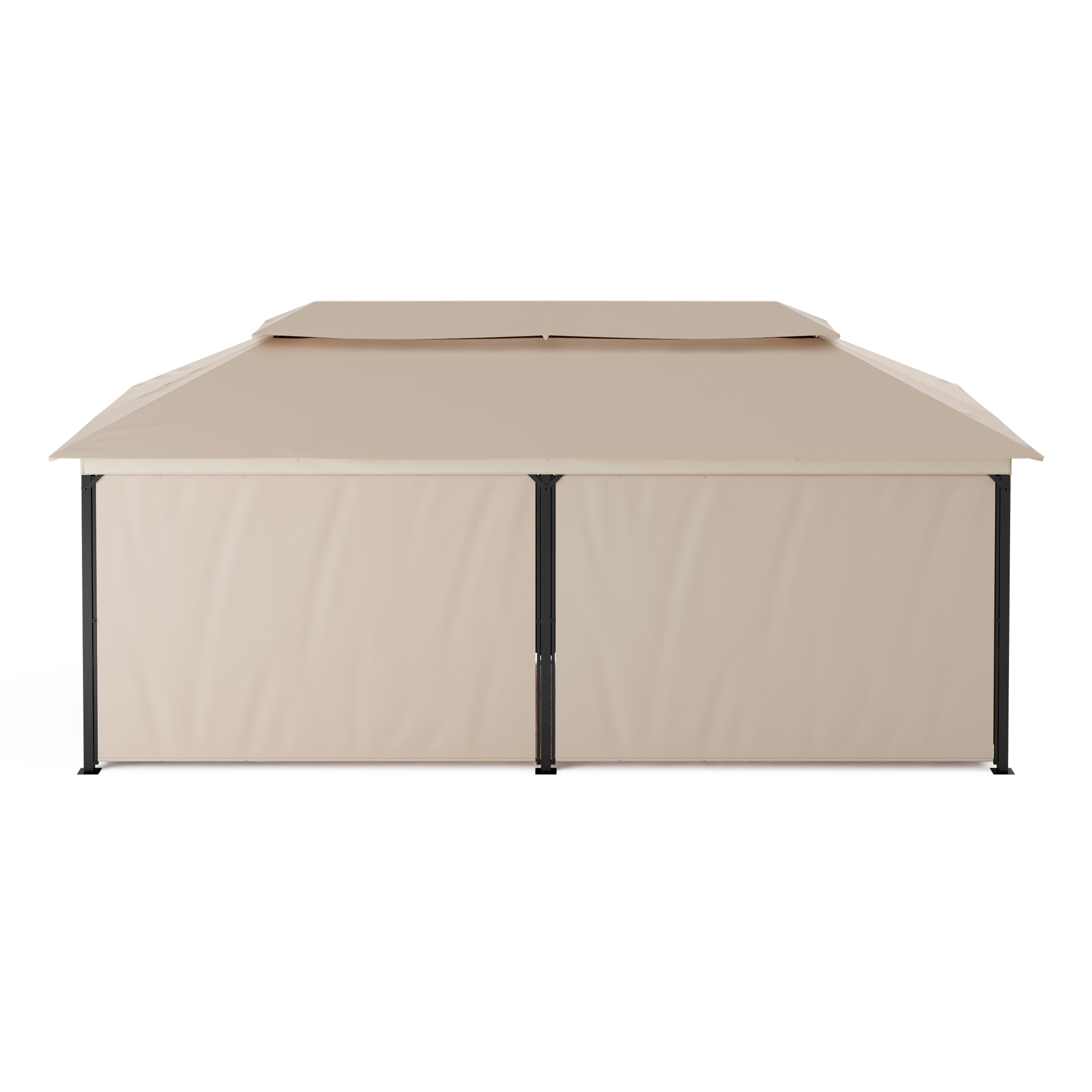 Gazebo beige con tetto piatto e pareti in tessuto. Supporti neri su sfondo bianco.