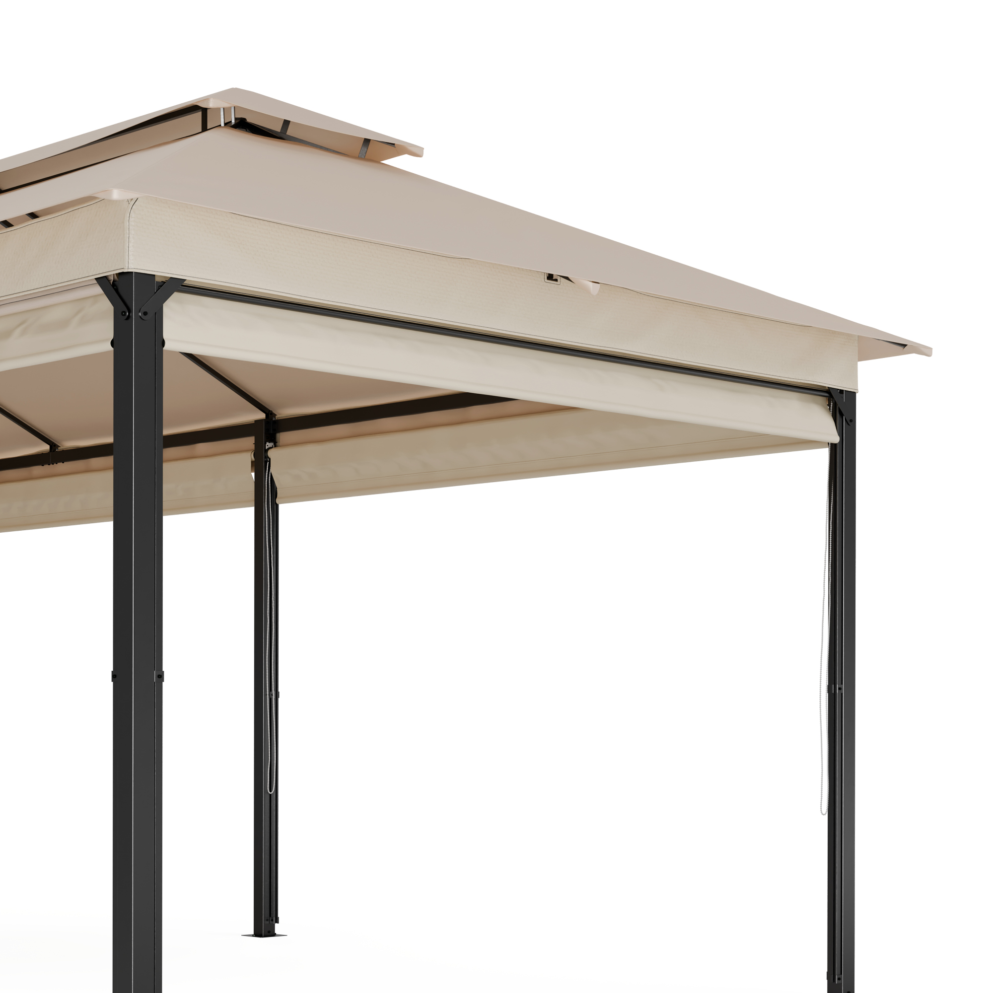 Gazebo beige con telaio nero, isolato su bianco. Tenda beige e supporti neri.