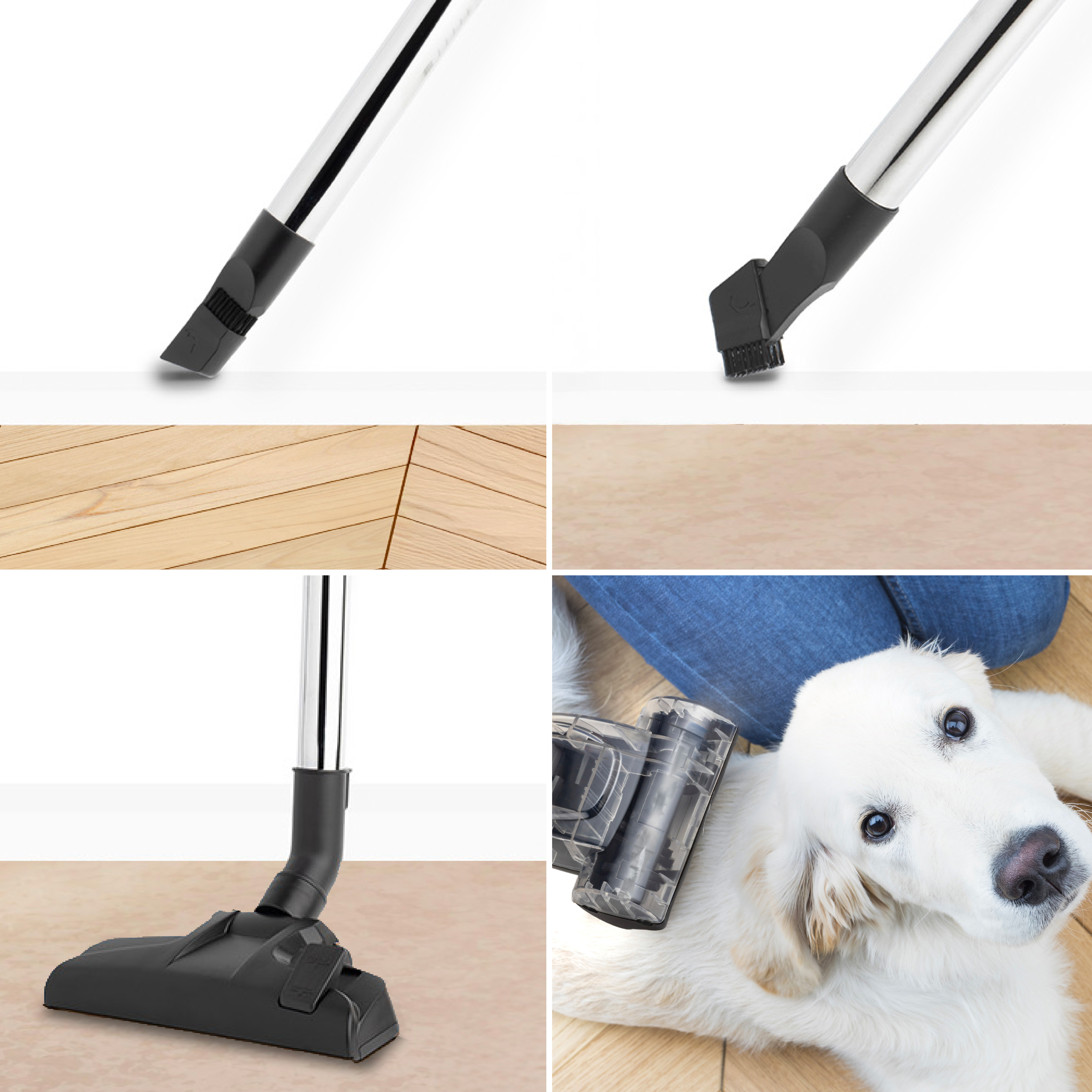 Un collage di scene di aspirazione. Include pavimento in legno, spazzole e un cane che guarda in alto.