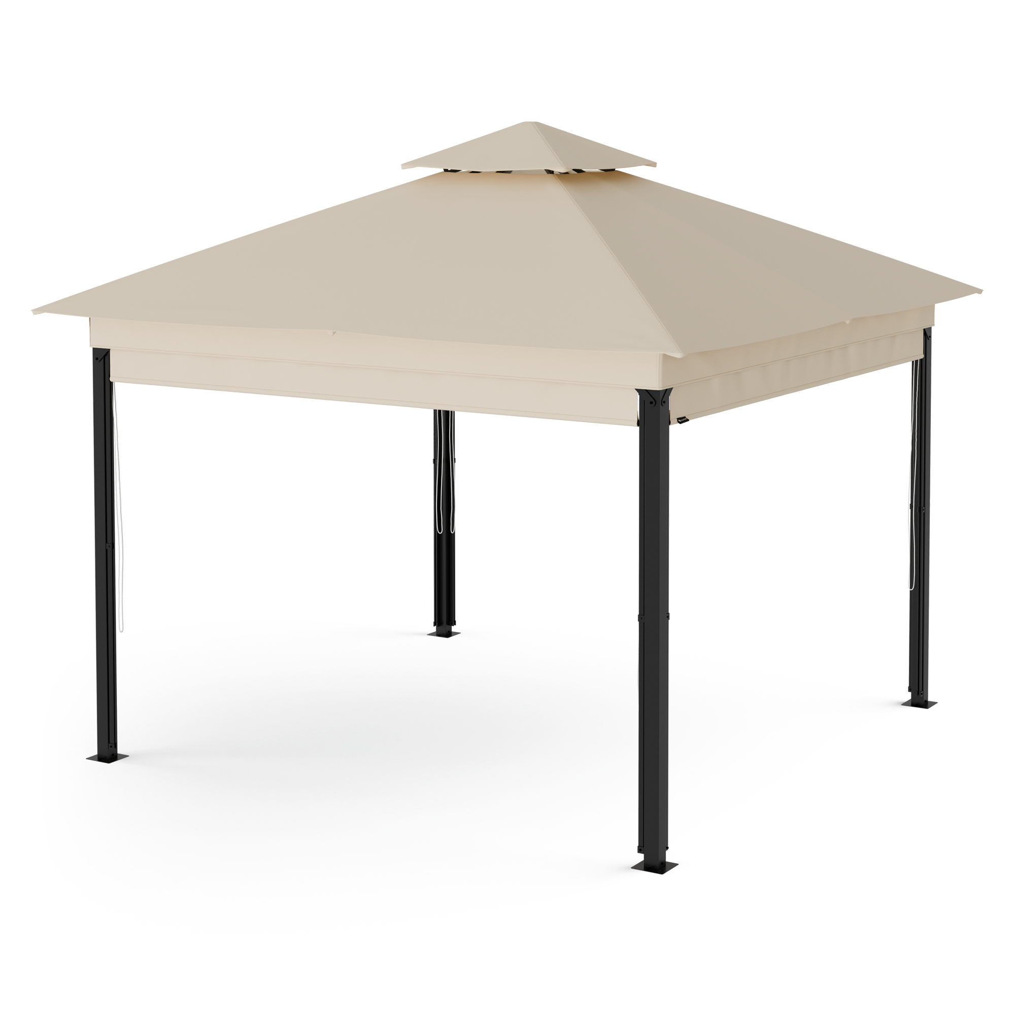 Gazebo beige con gambe nere e tetto a due livelli, isolato su sfondo bianco.