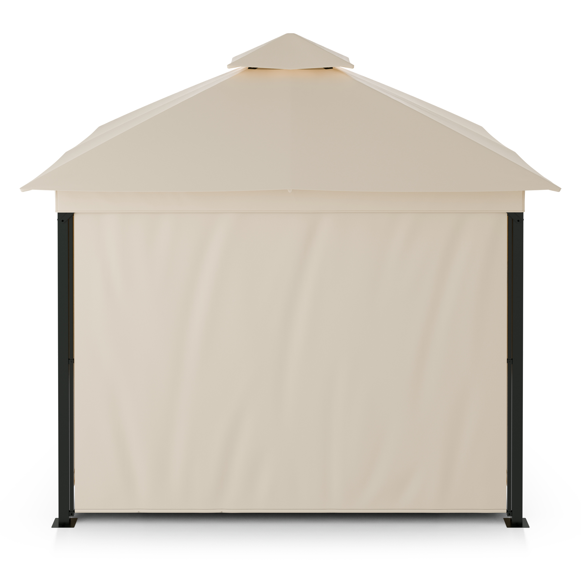 Un gazebo beige per esterni con tetto bianco e telaio nero.