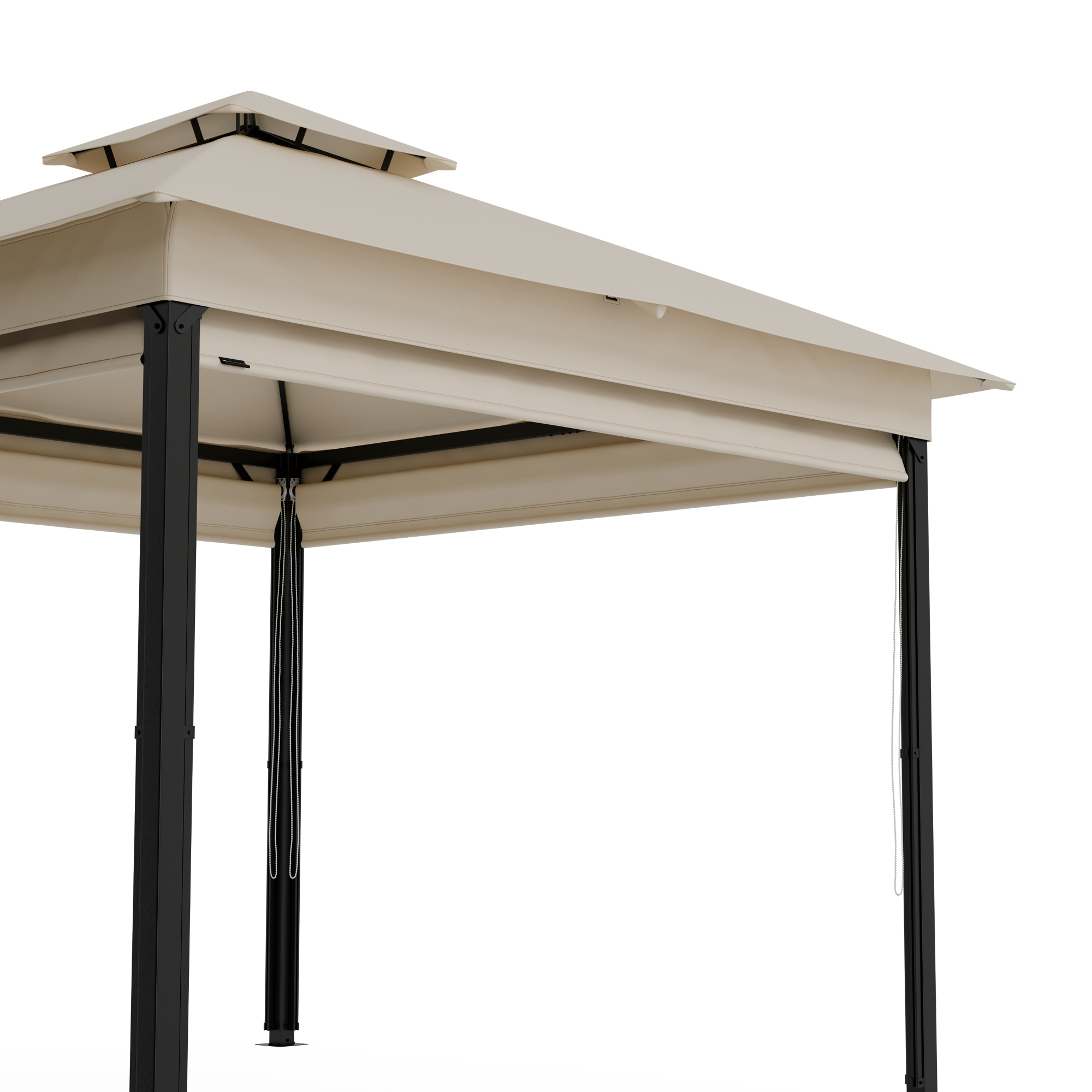 Gazebo beige con cornice nera. Sfondo bianco, vista dall'alto e laterale.