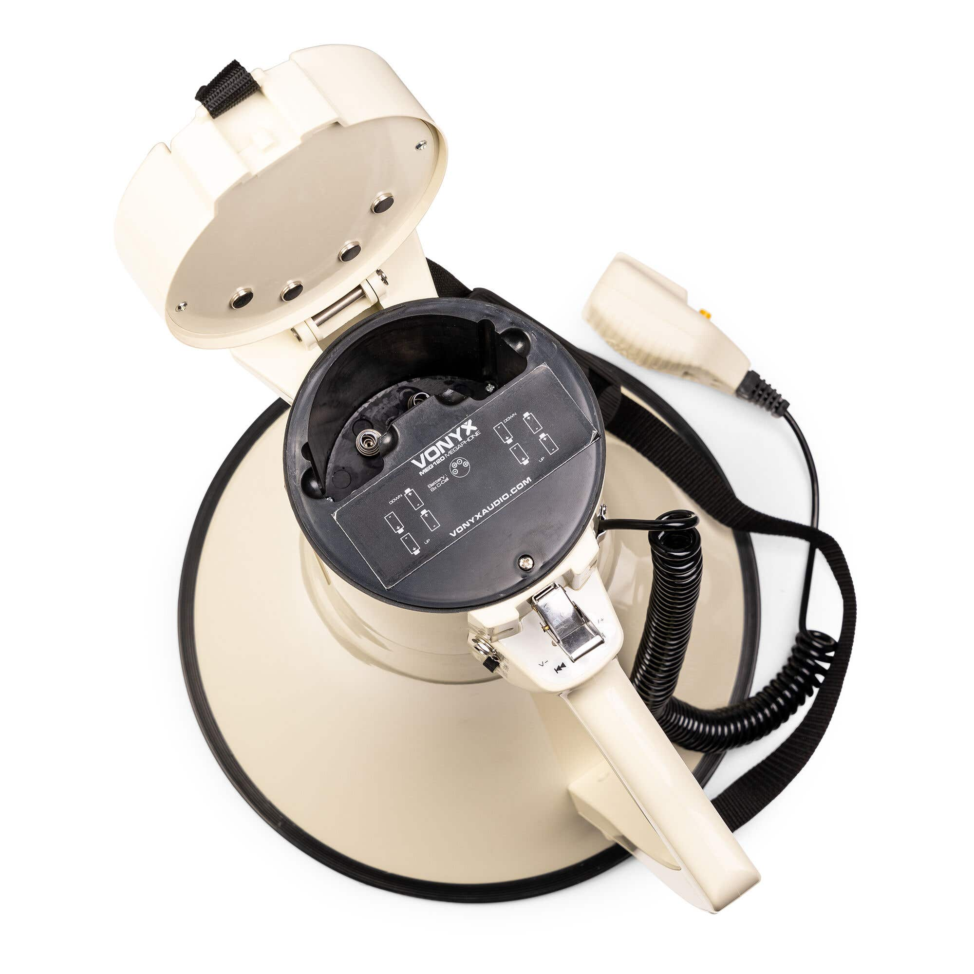 Megaphone, top view. The base is beige, with black accents. The microphone is attached.