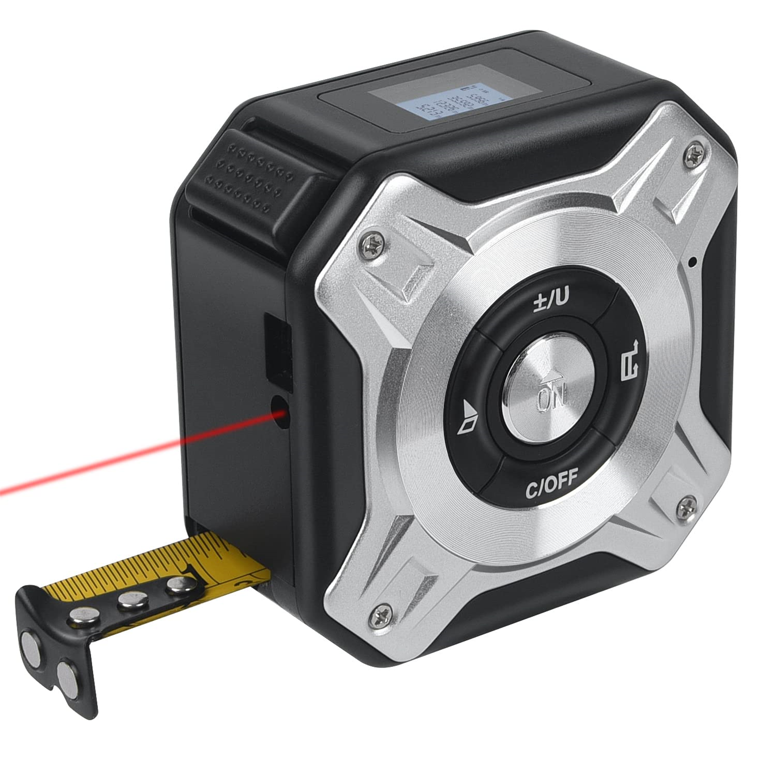 Ein schwarzes und silbernes Laser-Entfernungsmessgerät mit rotem Laserstrahl.