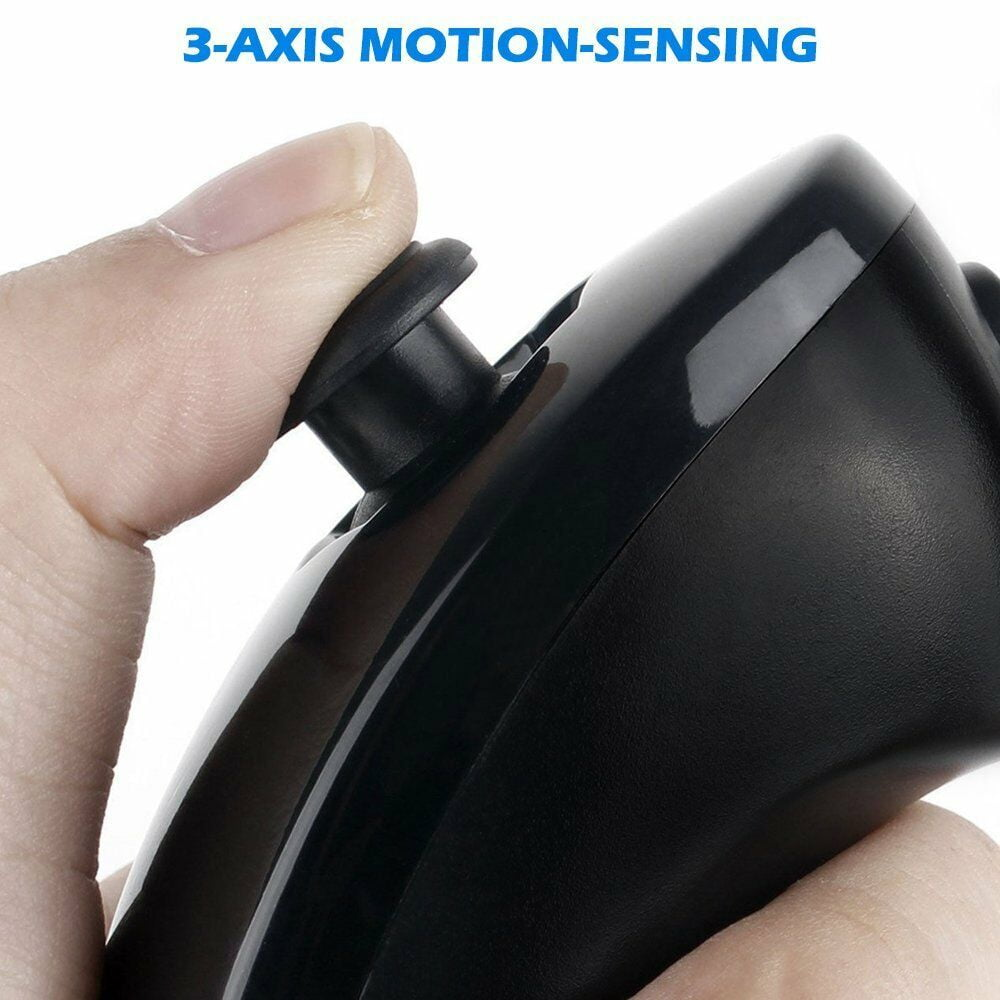 Schwarzer Gamecontroller, gehalten von einer Hand. Es hat einen Joystick und Knöpfe. Der Text sagt Bewegungserkennung.