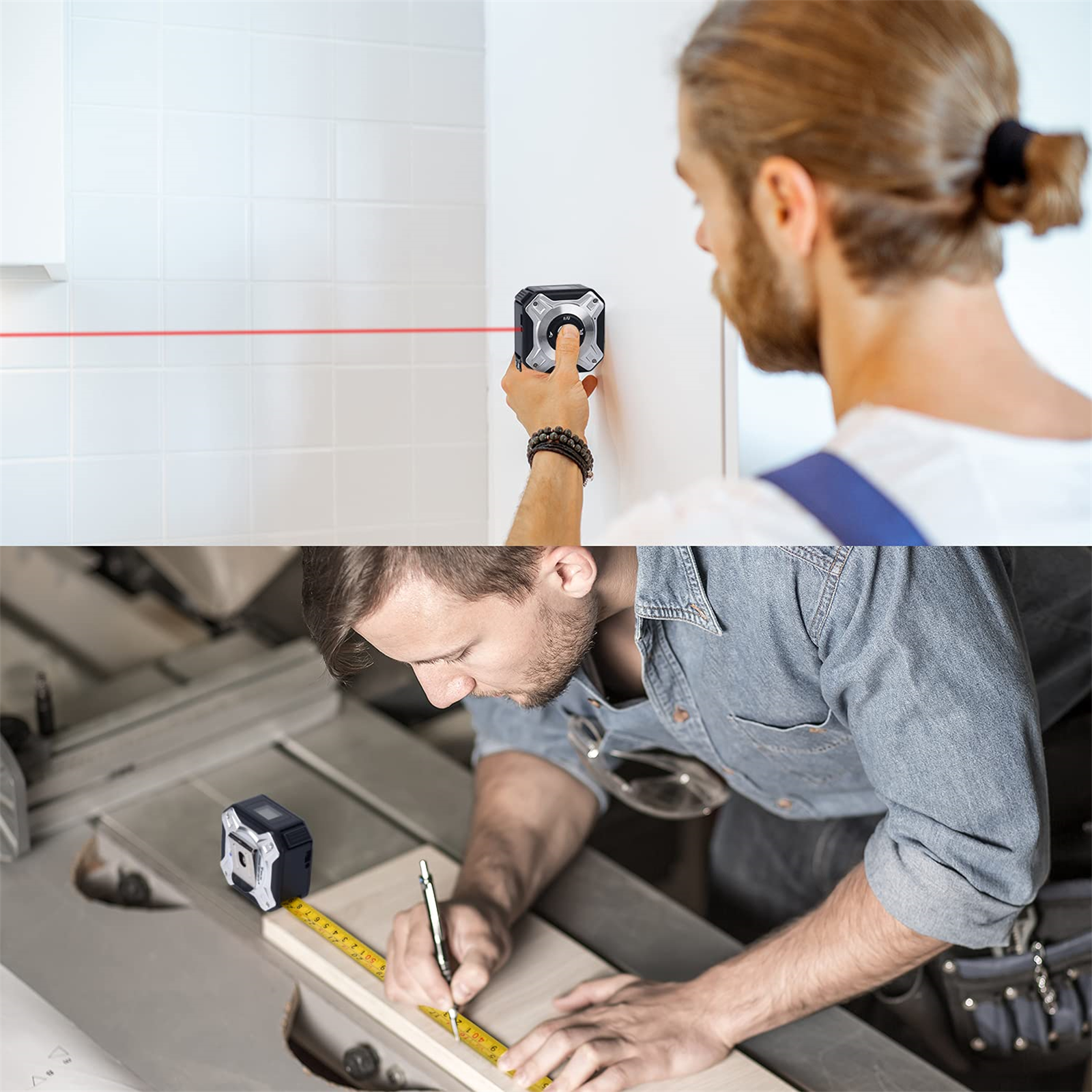 Mann benutzt Laser Wasserwaage an einer Wand. Ein anderer benutzt sie für Messungen an einem Holzbrett.