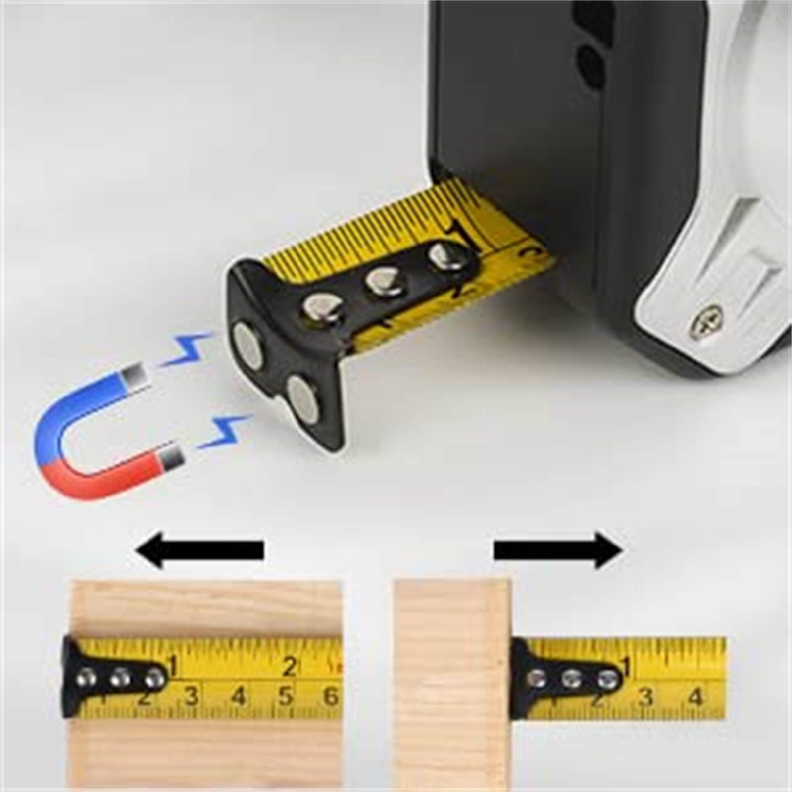 Maßband mit Magnet und Holz. Pfeile zeigen Richtungen. Gelbes Band mit schwarzen Markierungen.