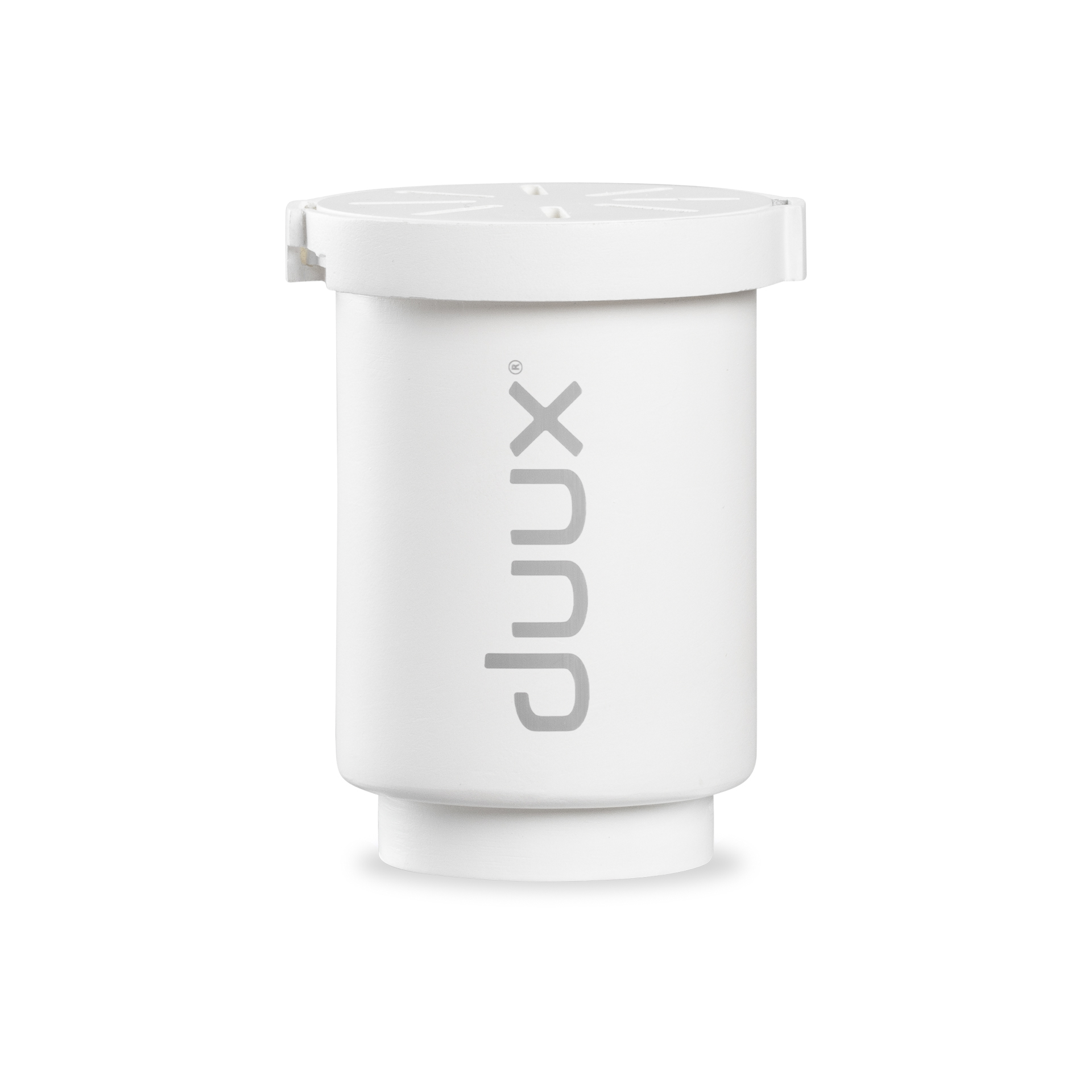 Witte waterfilterpatroon met de merknaam "duux" erop gedrukt.