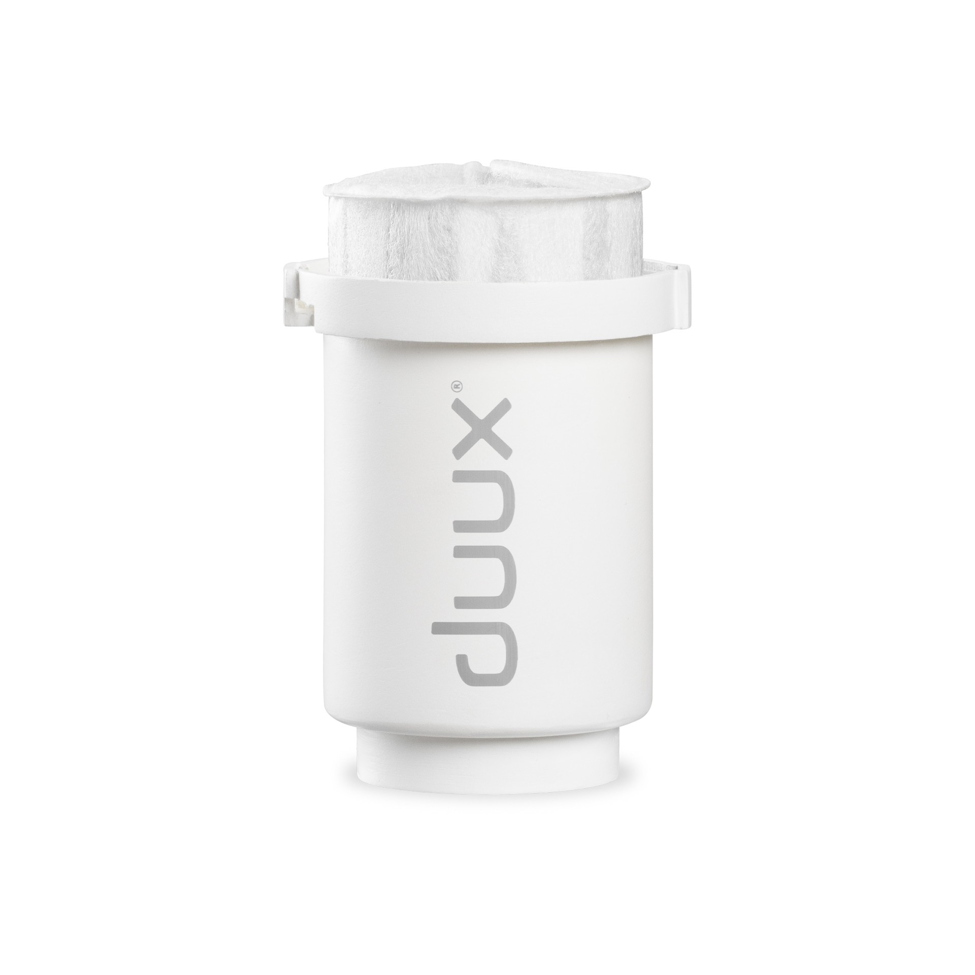 Een wit waterfilter voor een waterkan met de merknaam 'duux'.