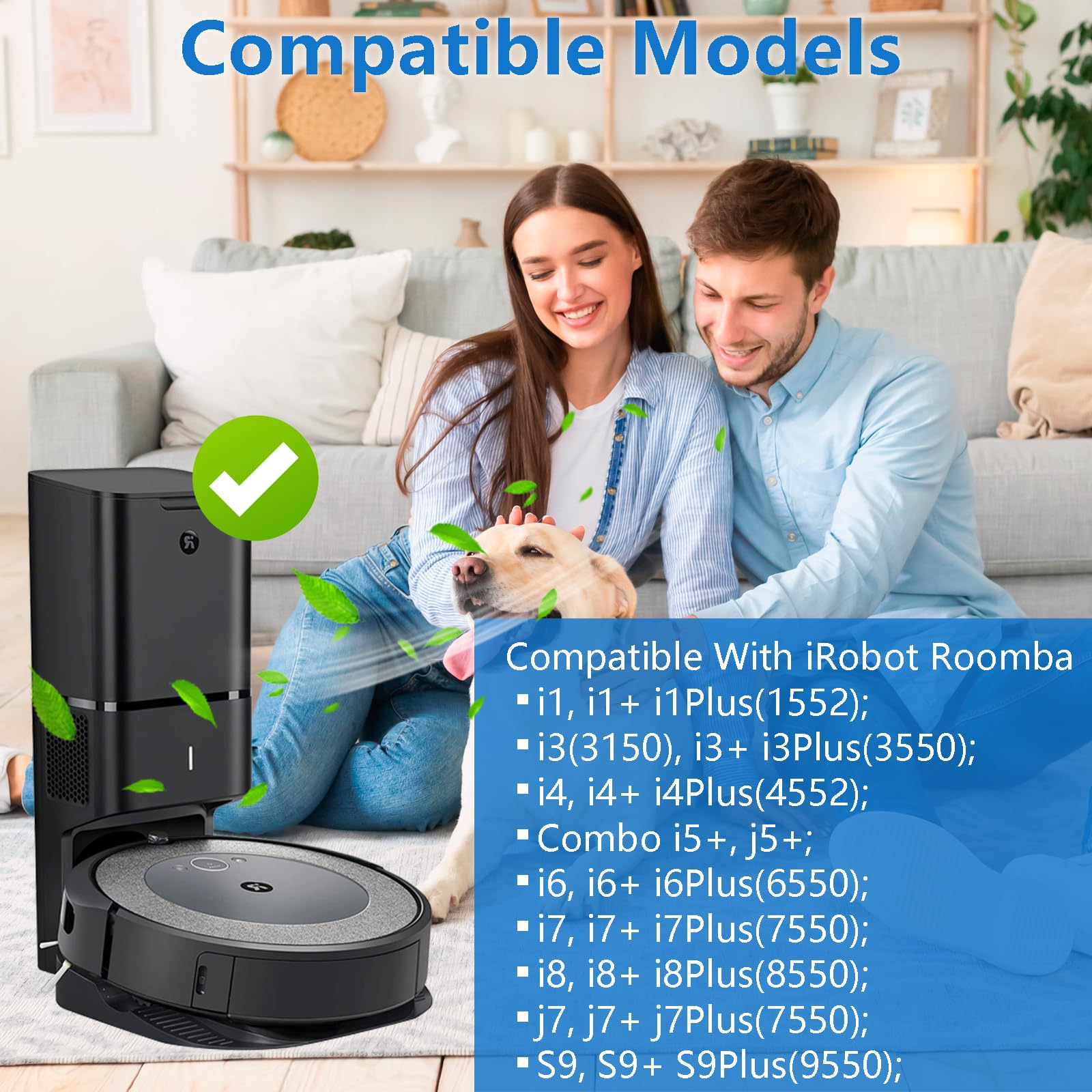 Ein Paar und ein Hund in einem Wohnzimmer. Die Liste zeigt die Kompatibilität mit iRobot Roomba-Modellen.
