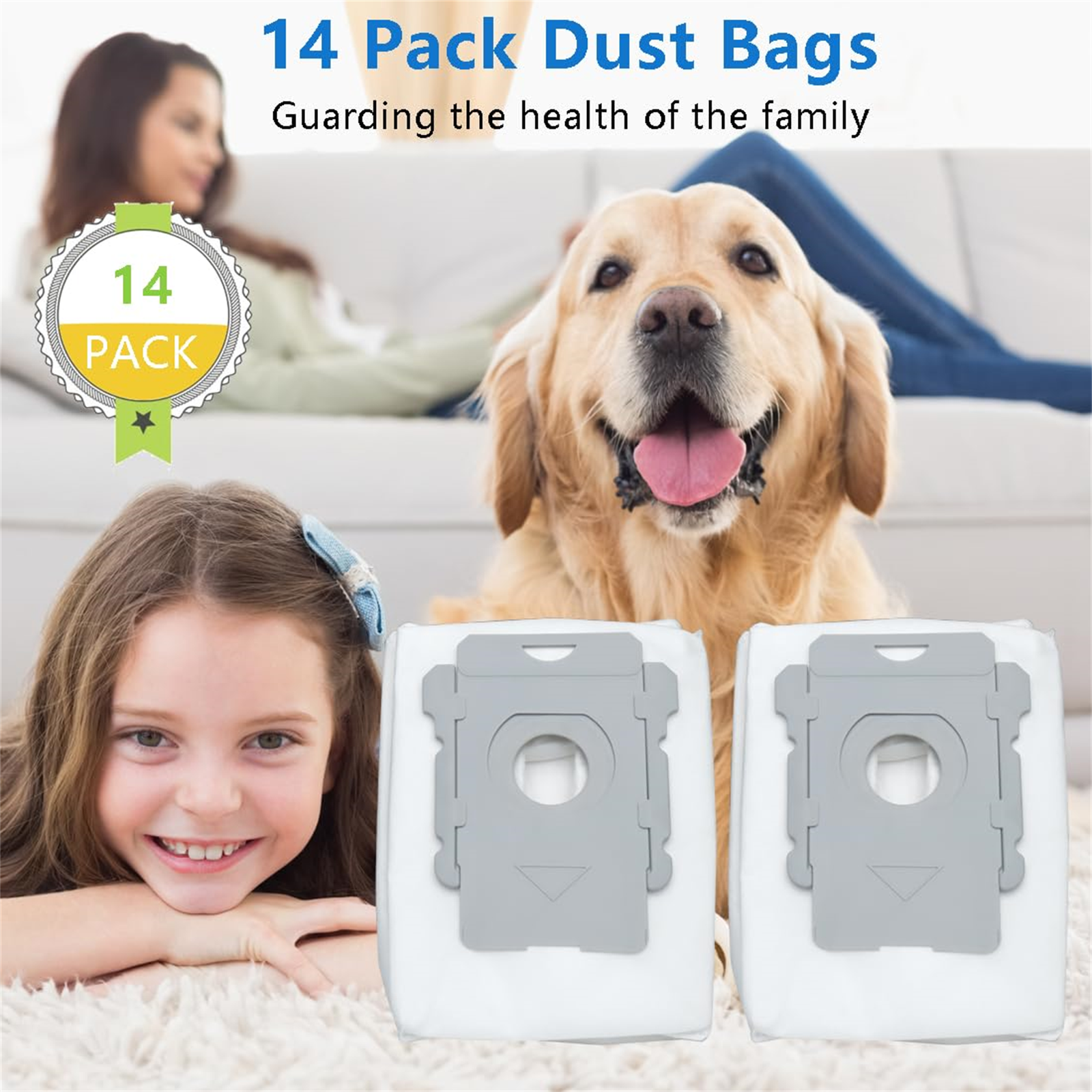 Bild von Staubbeuteln, einem lächelnden Mädchen, einem Hund und Text: '14er Pack Staubbeutel'.