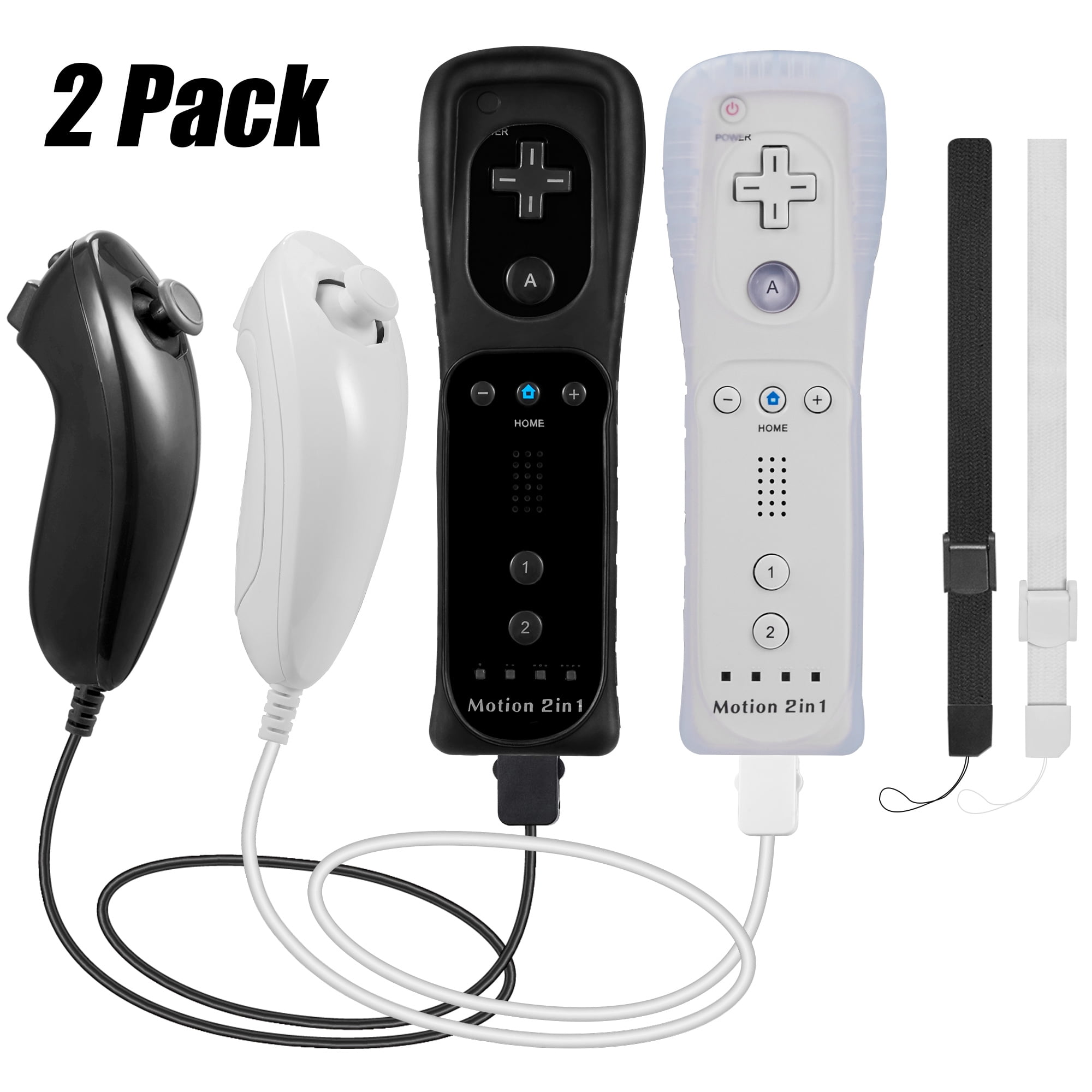 Zwei Wii-Fernbedienungen, schwarz und weiß, mit angebrachten Kabeln. Oben links befindet sich ein Etikett '2er-Pack'.