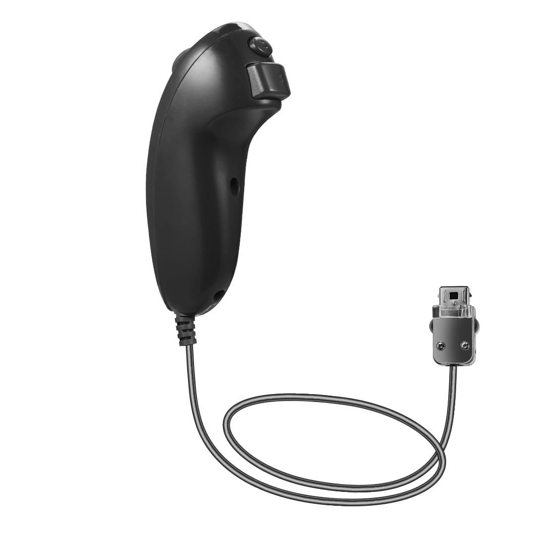 Schwarze Wii-Fernbedienung mit Kabel und Stecker. Isoliert auf weißem Hintergrund.