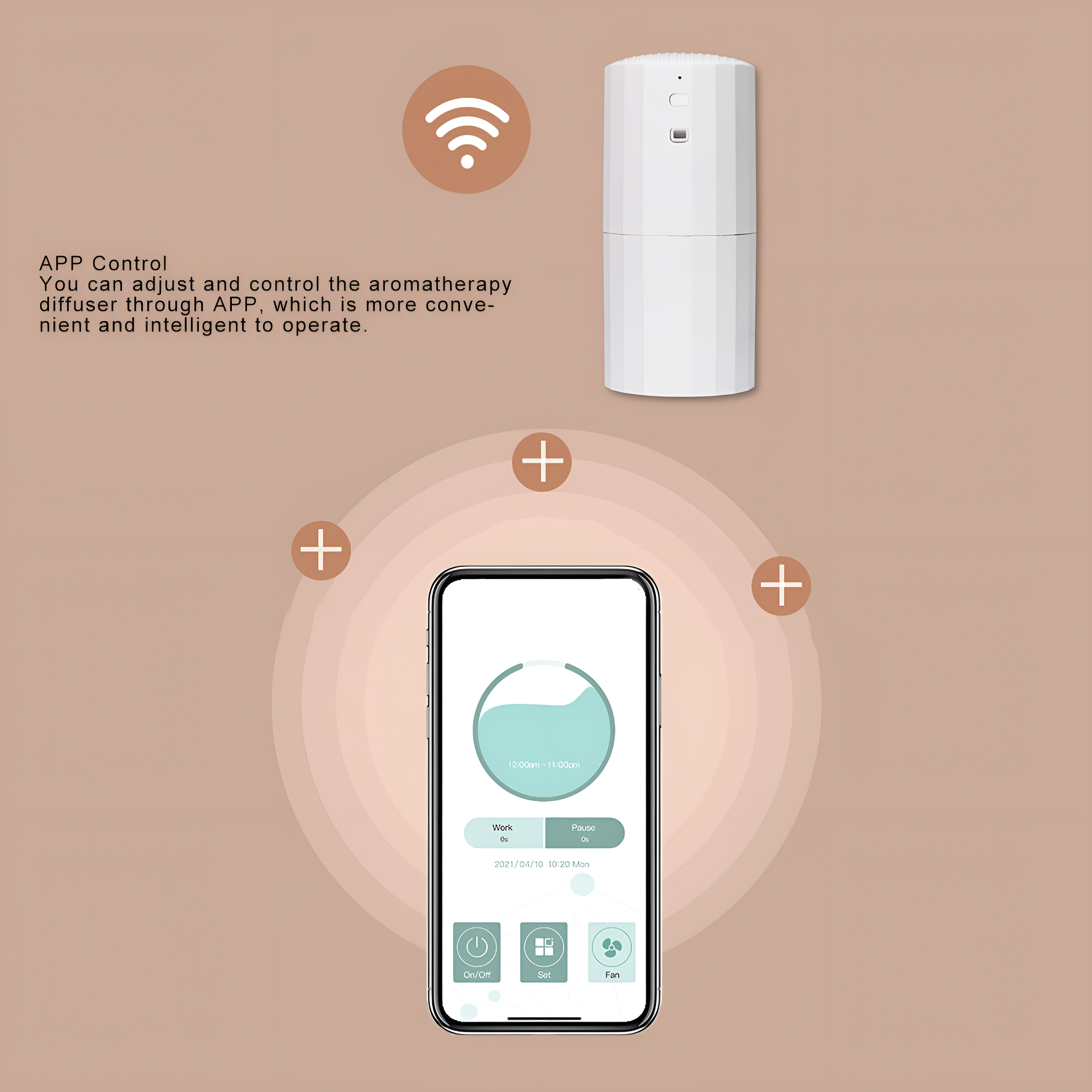 Aromatherapie-Diffusor und ein Smartphone. Das Telefon zeigt eine App mit Steuerungsoptionen an.