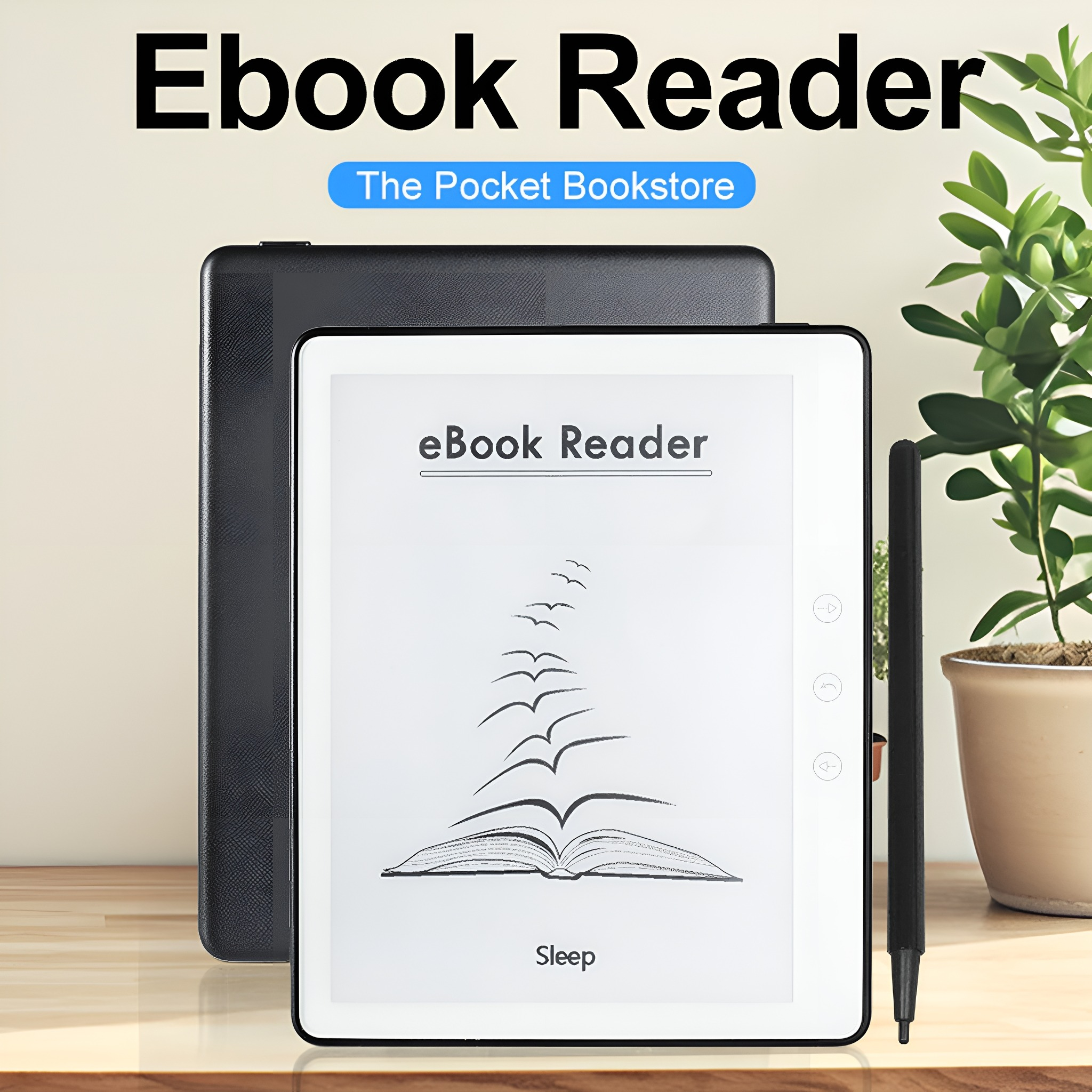 E-Book-Reader mit schwarzem Cover, Stift und Pflanze. Weißer Hintergrund.