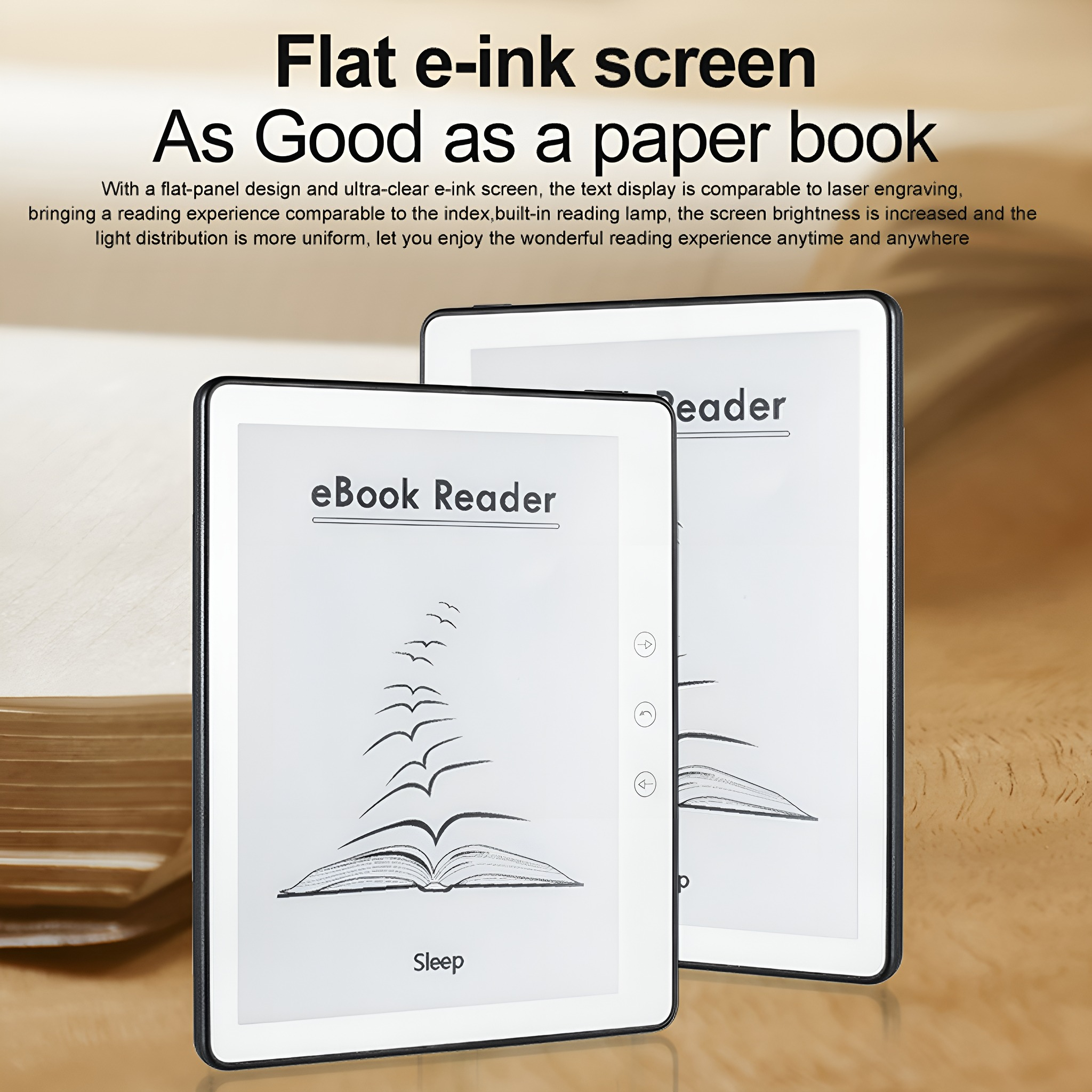 Zwei E-Book-Reader mit buchähnlichem Design, einer zeigt eine Vogelgrafik.