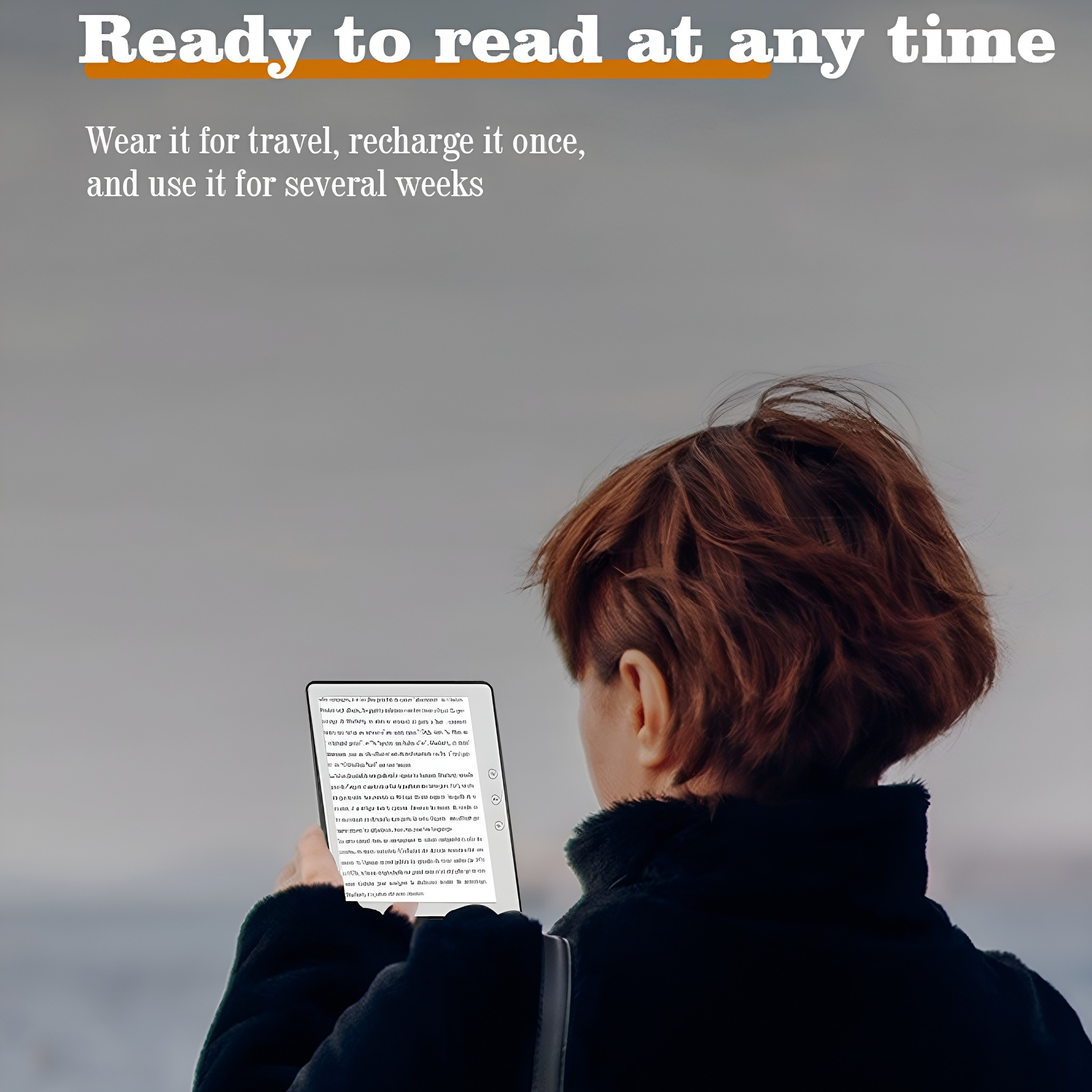 Person liest ein Buch auf einem E-Reader, auf verschwommenem Hintergrund einer Landschaft und eines Himmels.