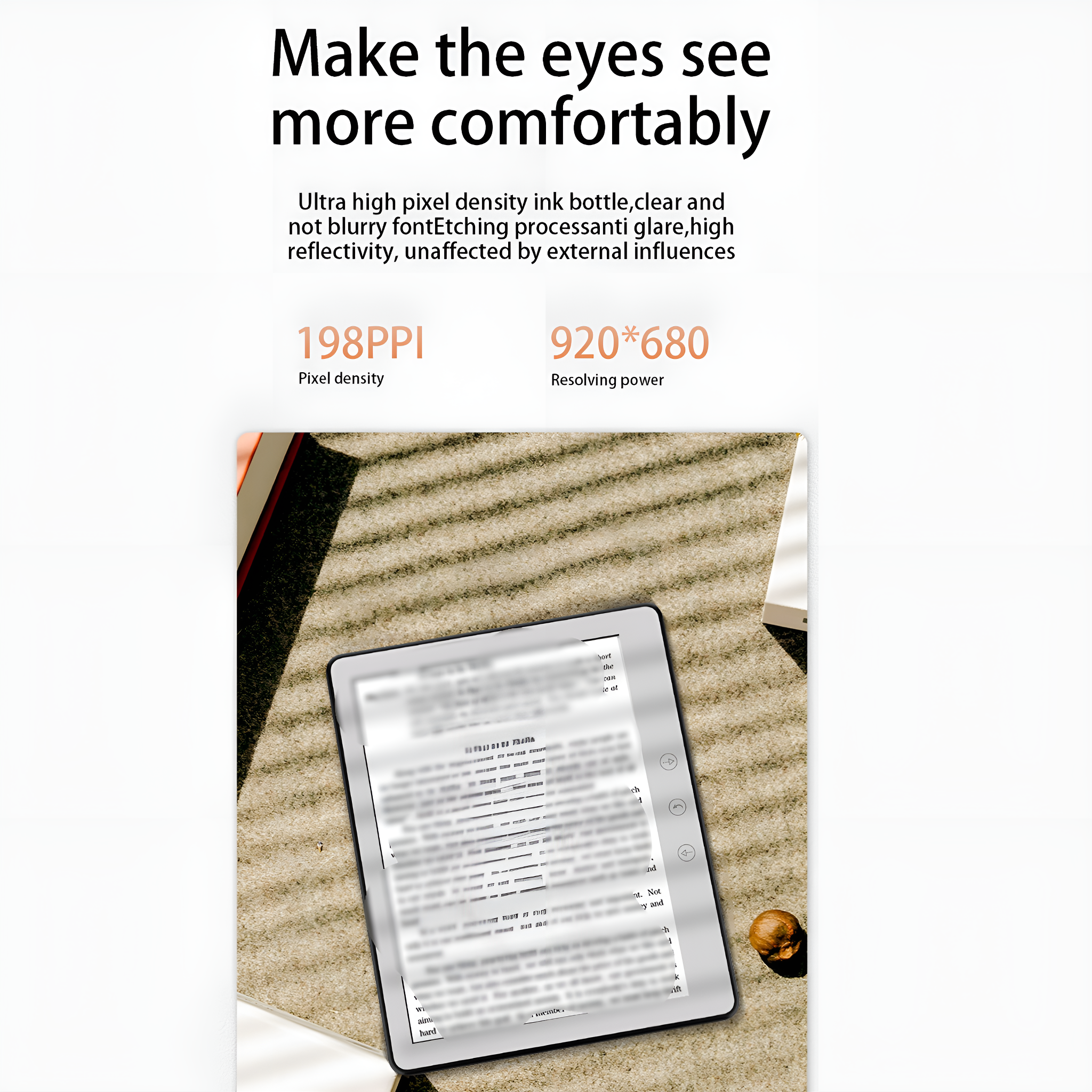 Ein Tablet, das Text anzeigt, mit verschwommenem Hintergrund.