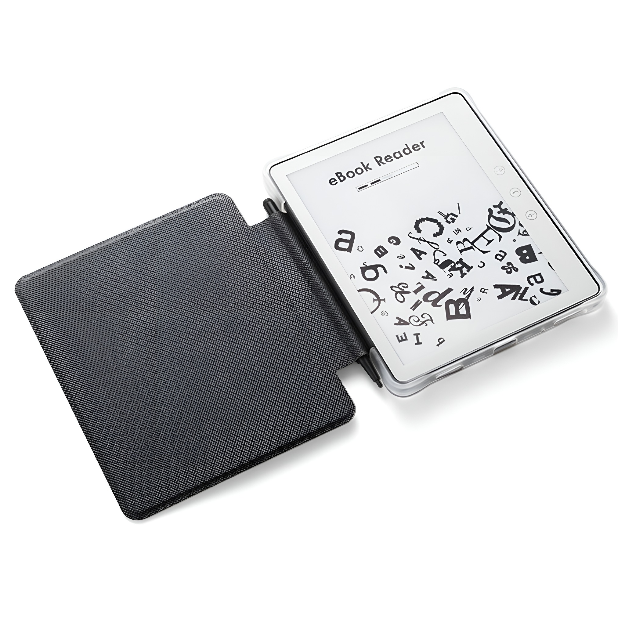 eBook-Reader mit geöffnetem Cover. Bildschirm zeigt Buchstaben, Symbole und Text. Schwarzes Etui mit Stift.