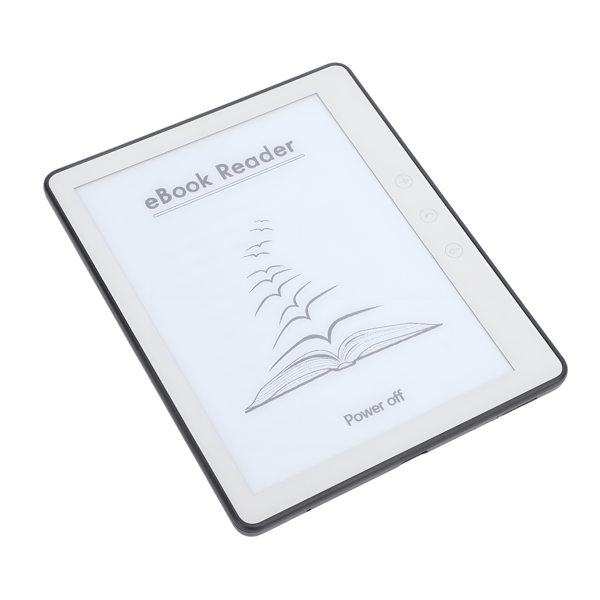Ein eBook-Reader mit weißem Bildschirm, der eine Buchgrafik und die Worte 'Power off' zeigt.