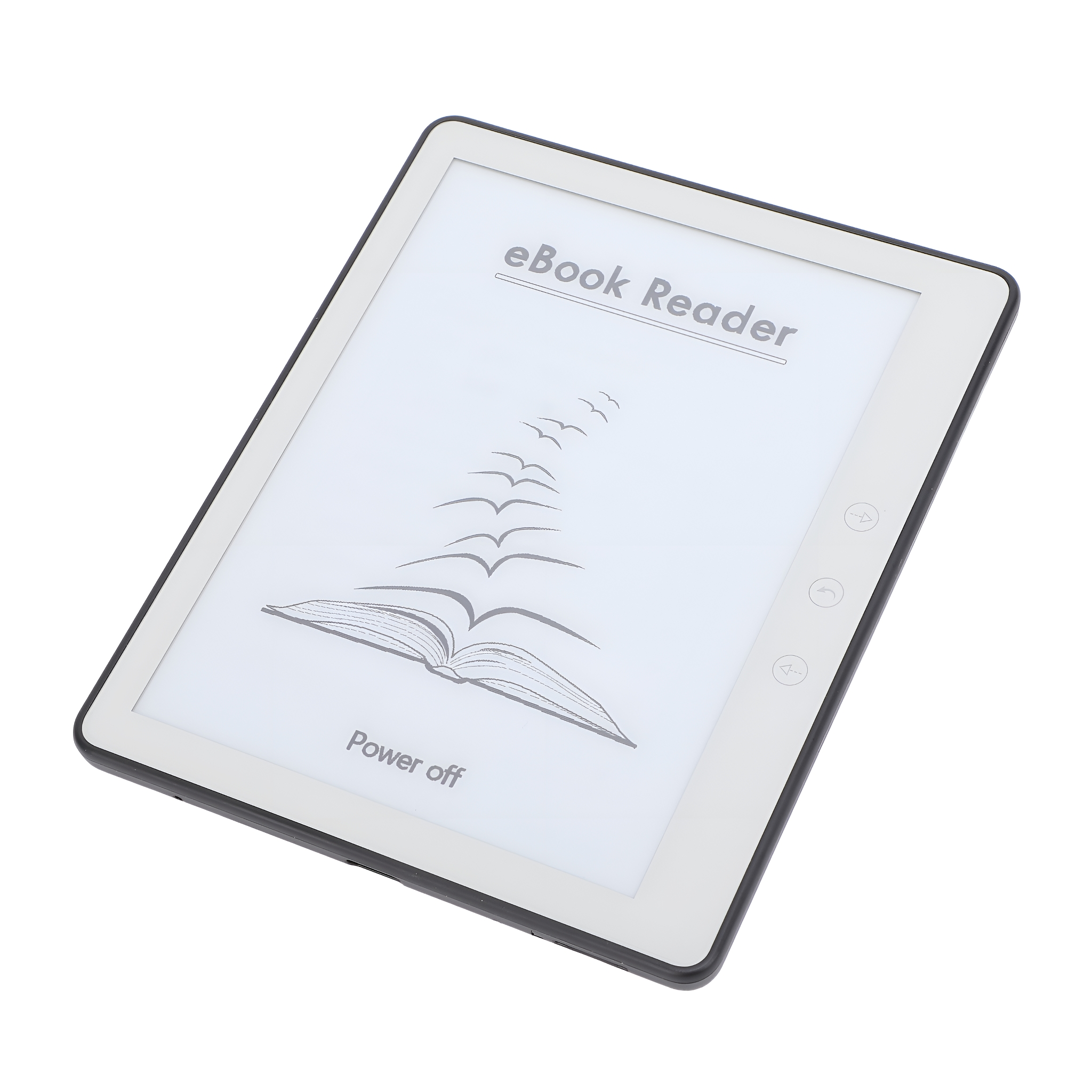 E-Reader auf Weiß, zeigt 'eBook Reader' und eine Vogelgrafik.