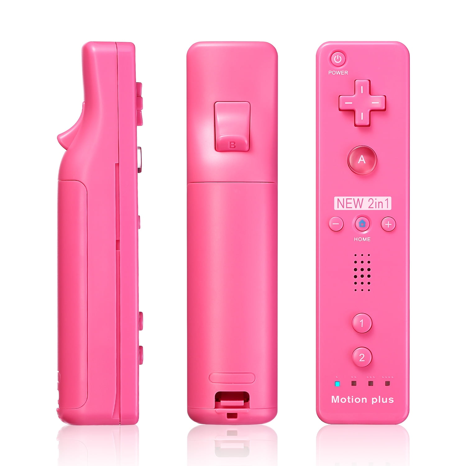 Drei rosa Wii-Fernbedienungen auf Weiß. Seiten-, Vorder- und Draufsicht. Enthält Knöpfe, Anschlüsse und die Aufschrift 'Motion plus'.