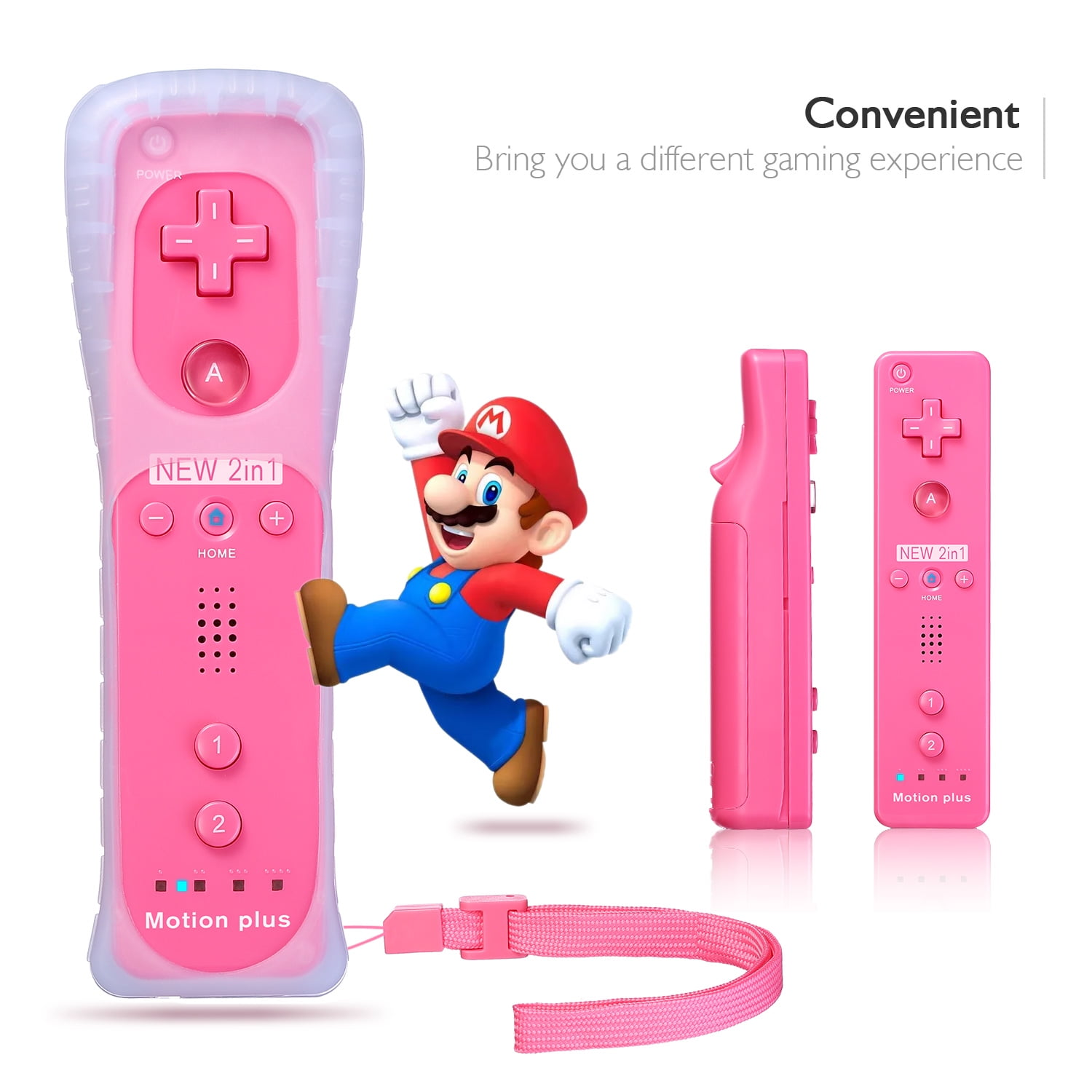 Pinker Nintendo Wii-Controller mit rosa Riemen. Mario springt zur Seite.
