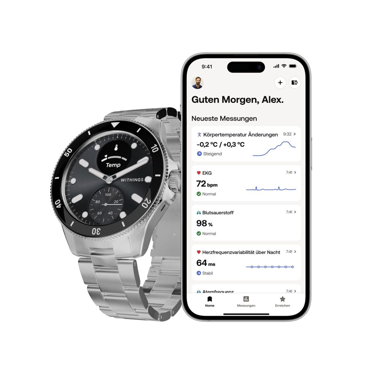 Srebrny smartwatch i telefon z danymi zdrowotnymi. Zegarek czarno-srebrny.