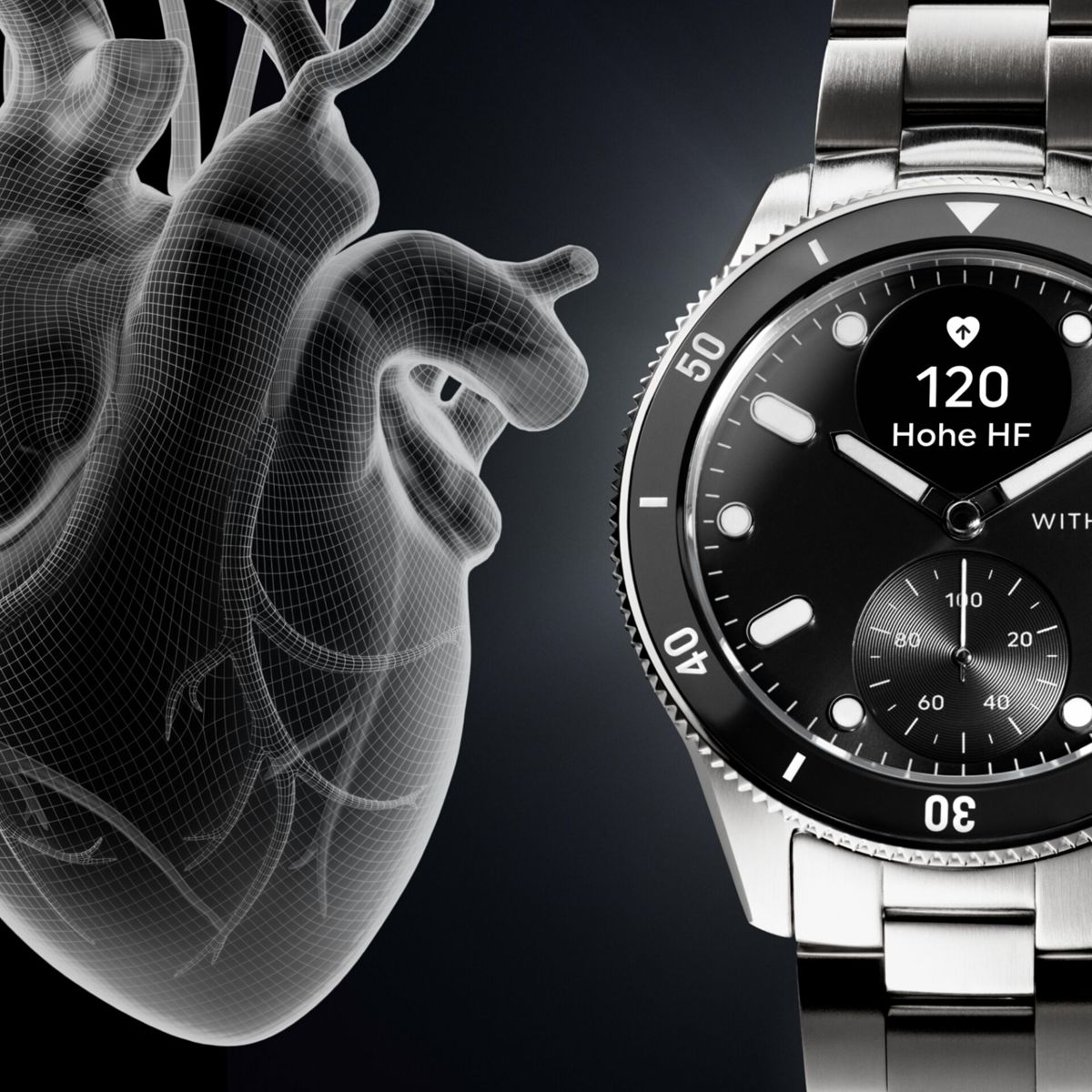 Smartwatch pokazujący tętno, z sercem z drutu w tle, na czarnej powierzchni.