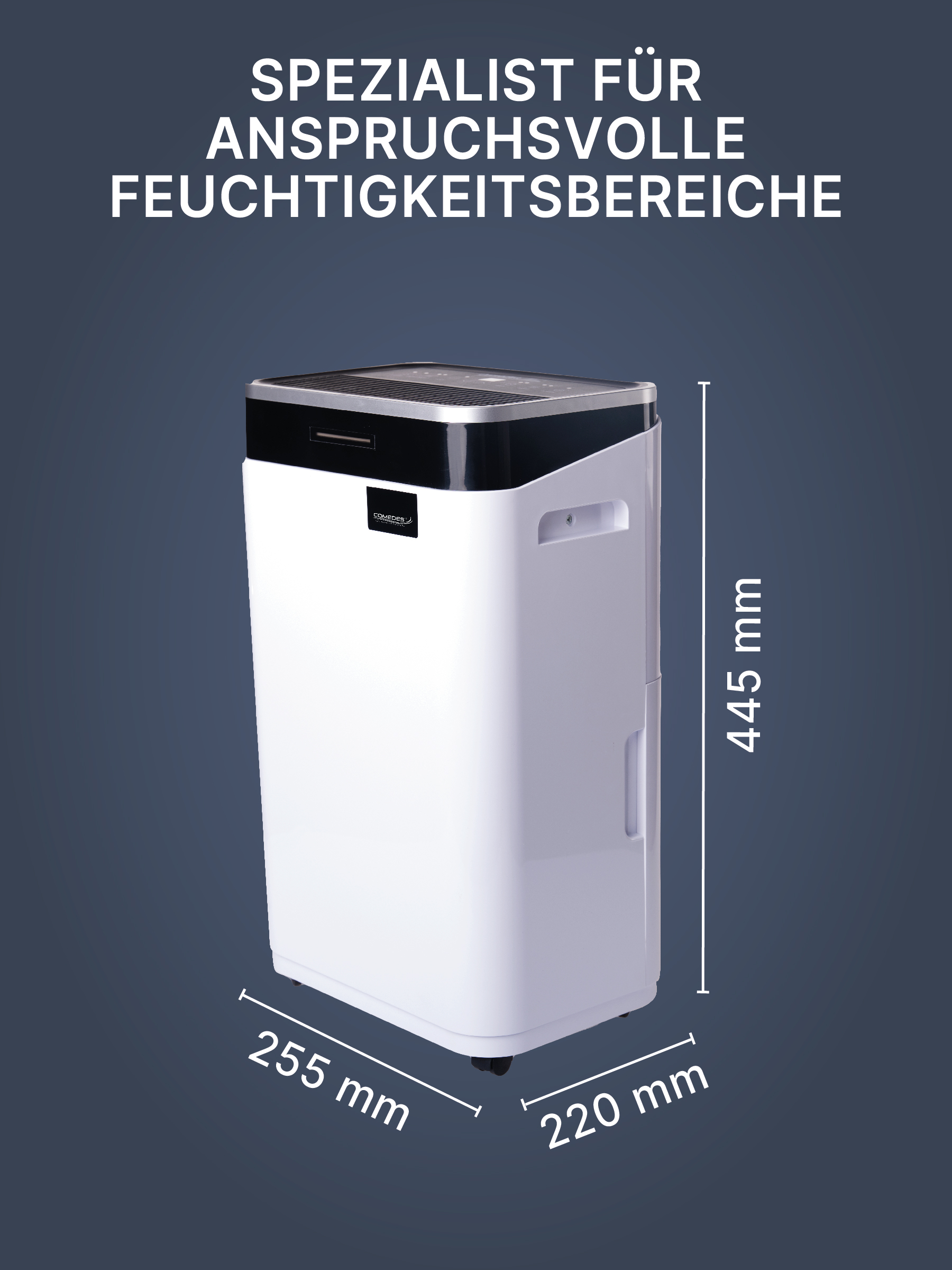 Ein weißer Luftentfeuchter mit den Maßen 255 mm, 220 mm und 445 mm, auf grauem Hintergrund.
