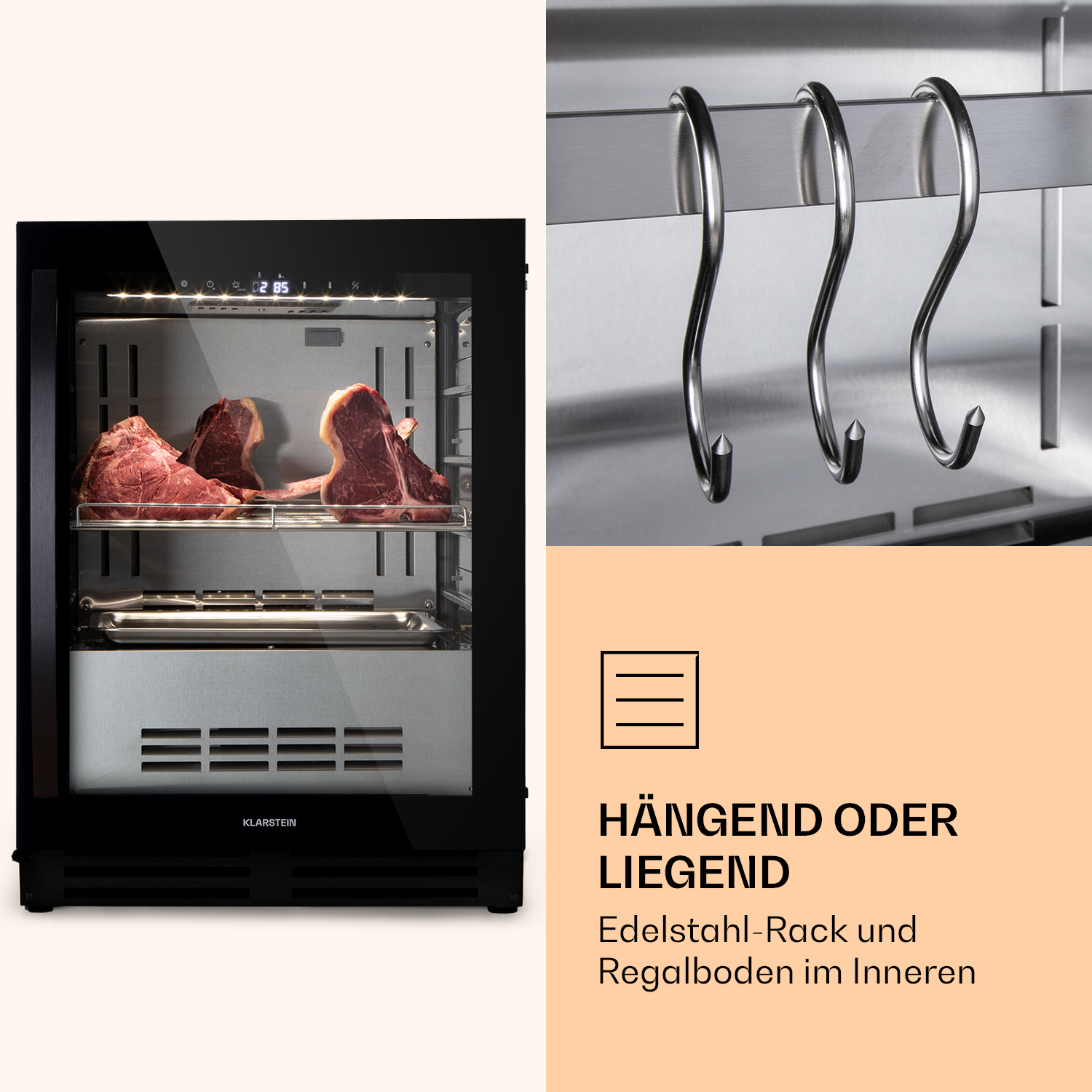 Frigorifero nero per carne con ganci e cartello. Due bistecche visibili.
