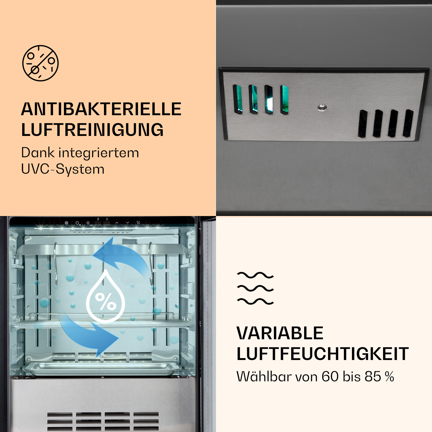 Un purificatore d'aria con sistema antibatterico e UVC. Parti della macchina visibili.