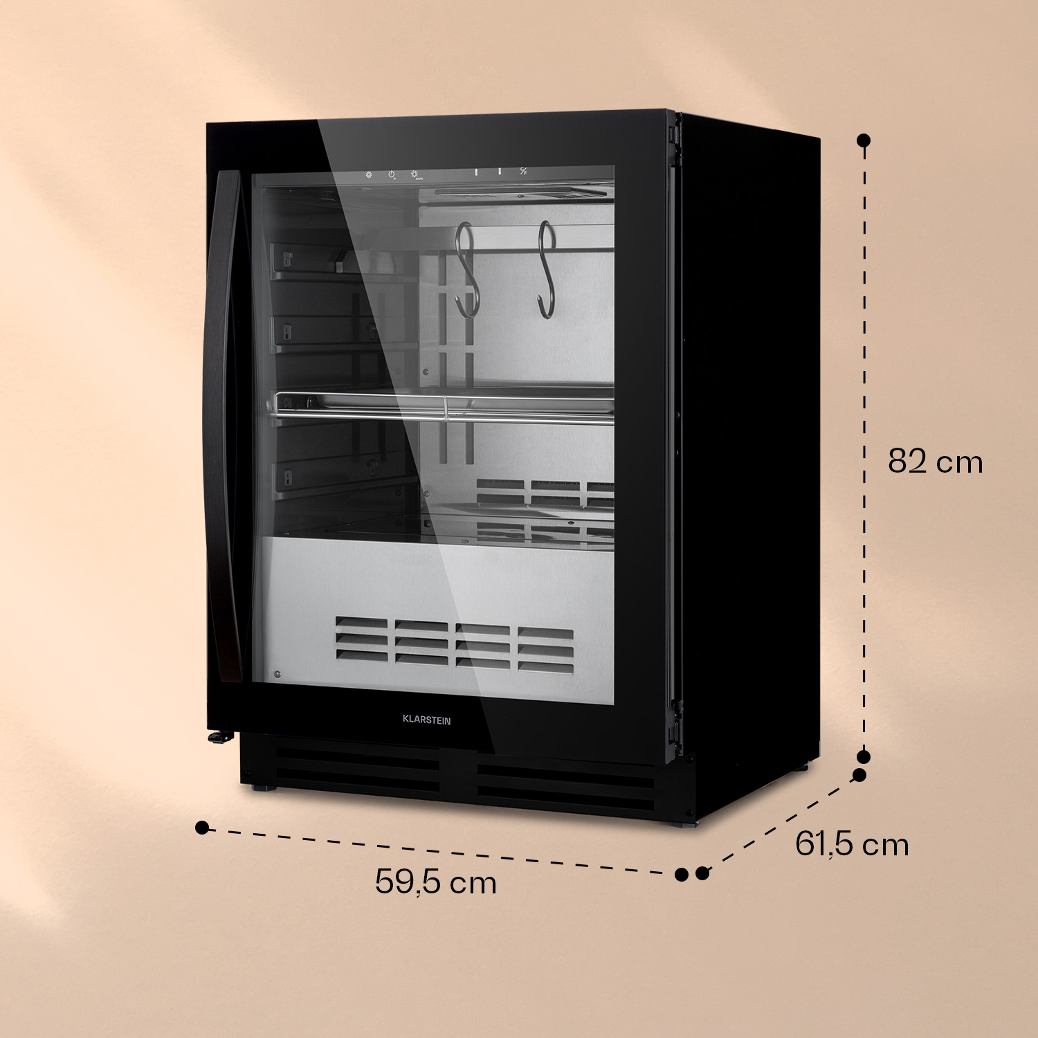 Mini frigo nero con porta in vetro e dimensioni. Sfondo beige. Marchio KLARSTEIN.