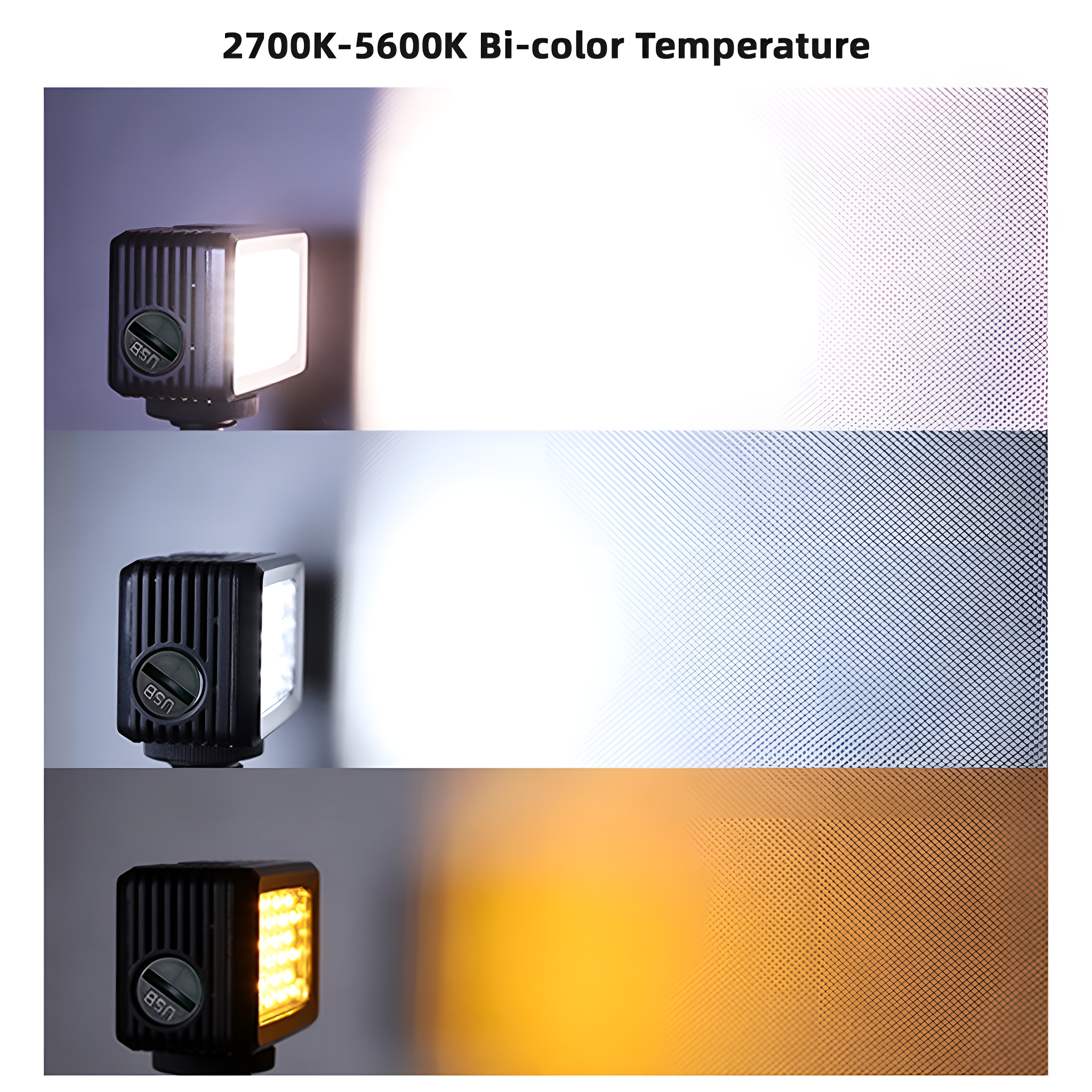 Drei Lichtpaneele, die verschiedene Farbtemperaturen auf strukturiertem Hintergrund zeigen.
