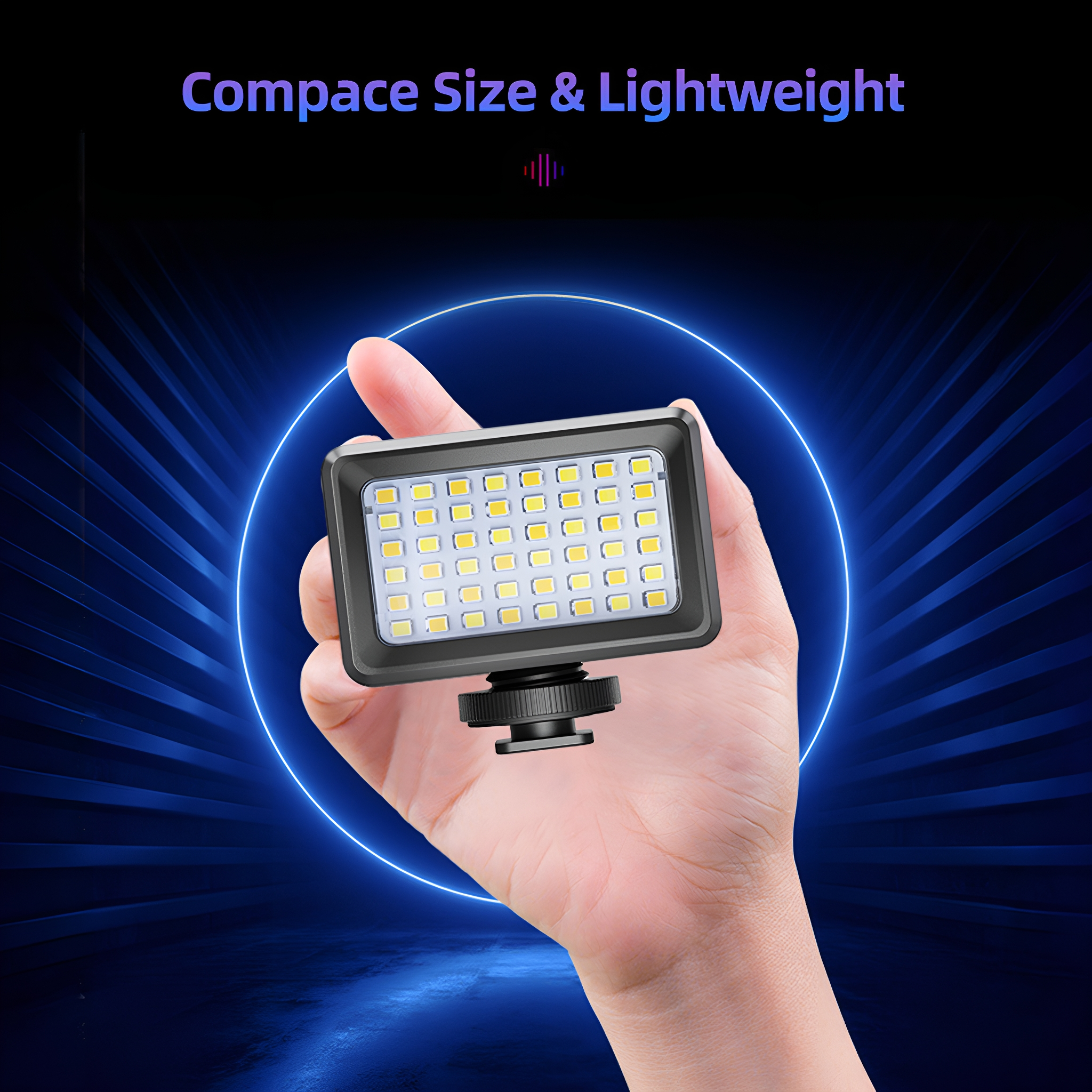 Ein kleines LED-Licht wird in der Hand gehalten. Das Licht ist rechteckig und hat viele kleine LEDs.