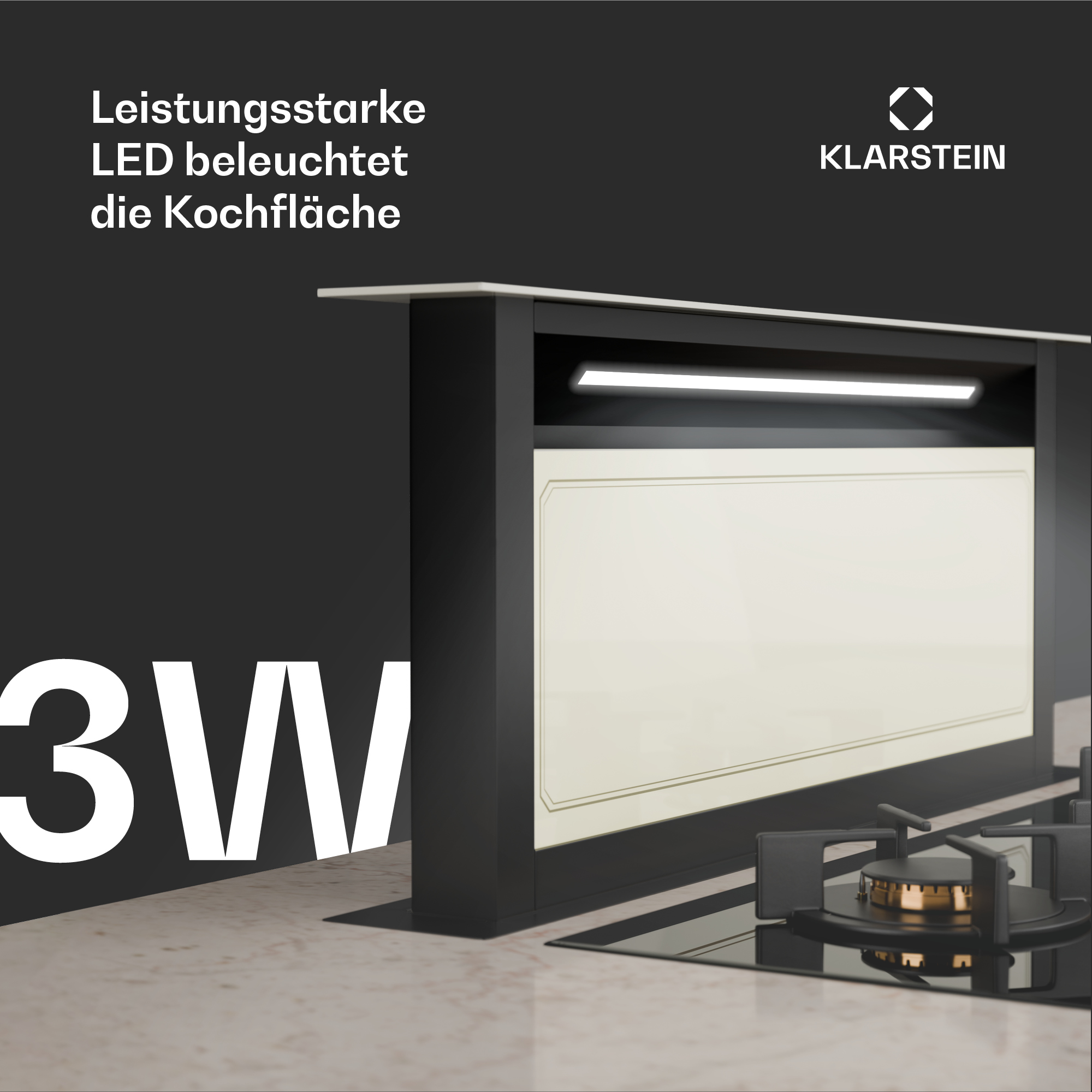 Zona cucina con illuminazione a LED. Una luce da 3W illumina la superficie di cottura. Design bianco e nero.