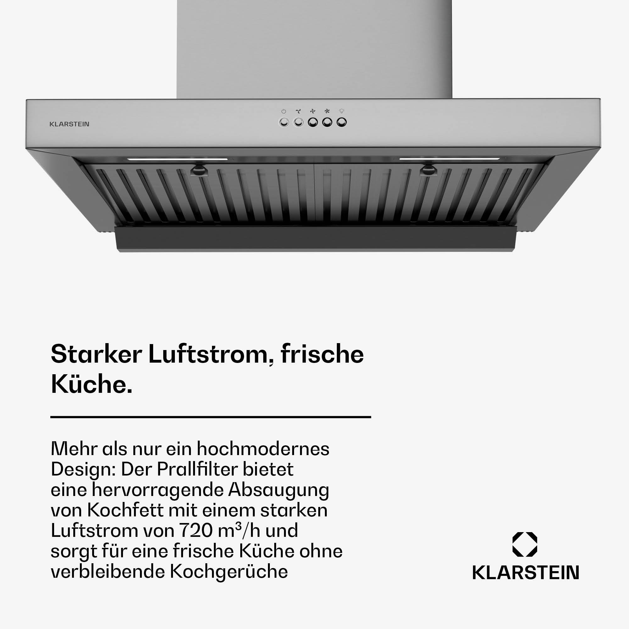 Una campana extractora plateada con texto: Fuerte flujo de aire, cocina fresca. Logotipo de Klarstein visible.